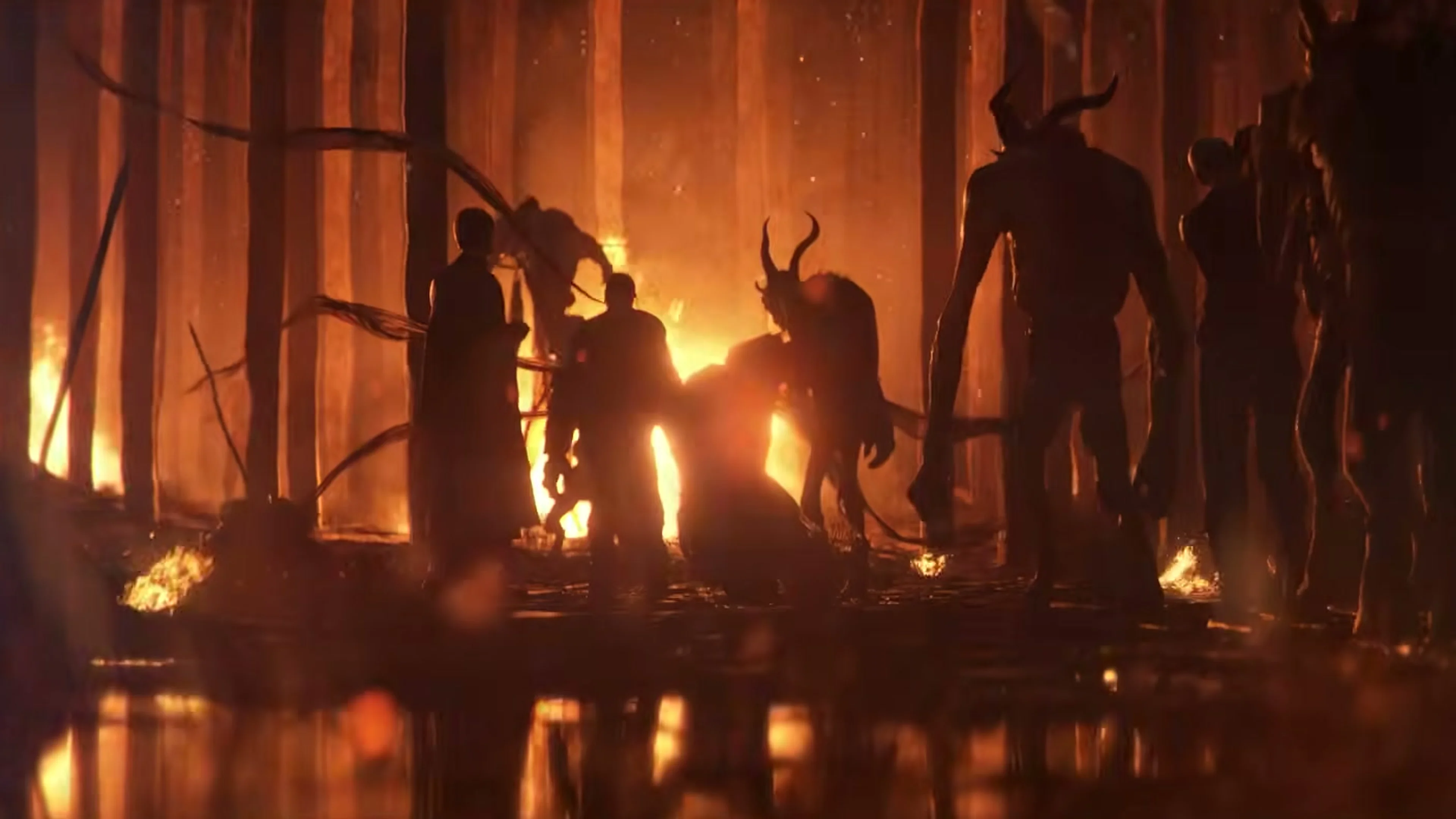 A crowd of horned demonic silhouettes advances through a burning hall.
