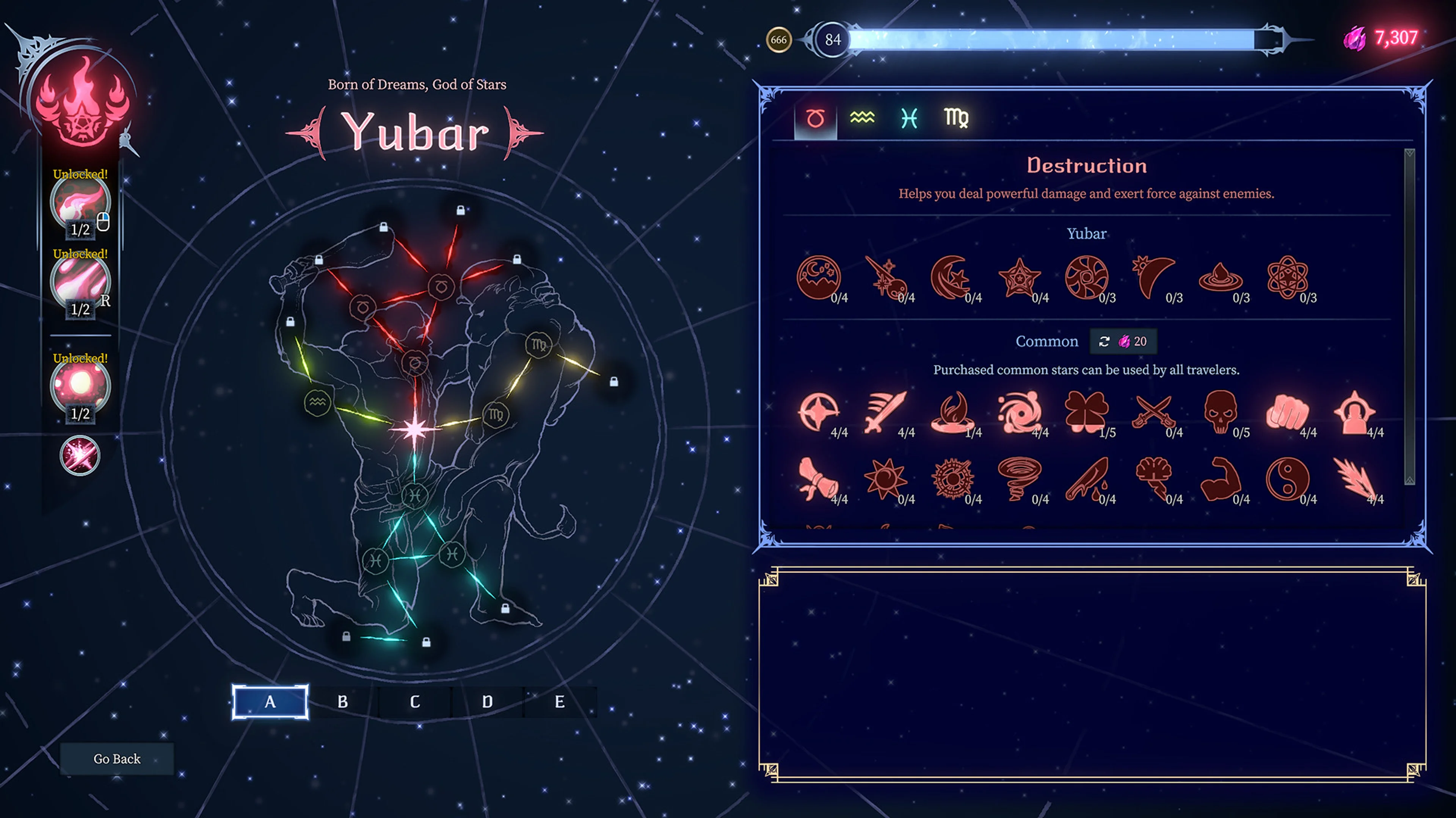 The Shape of Dreams progression screen shows stars connected across a constellation.
