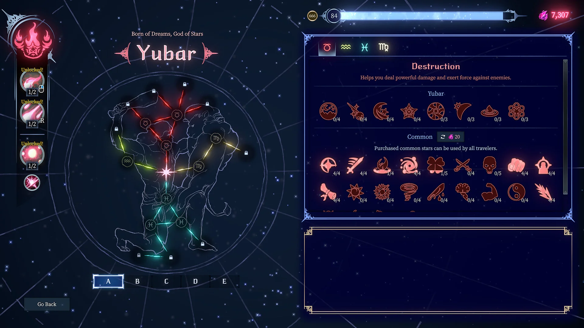 The Shape of Dreams progression screen shows stars connected across a constellation.