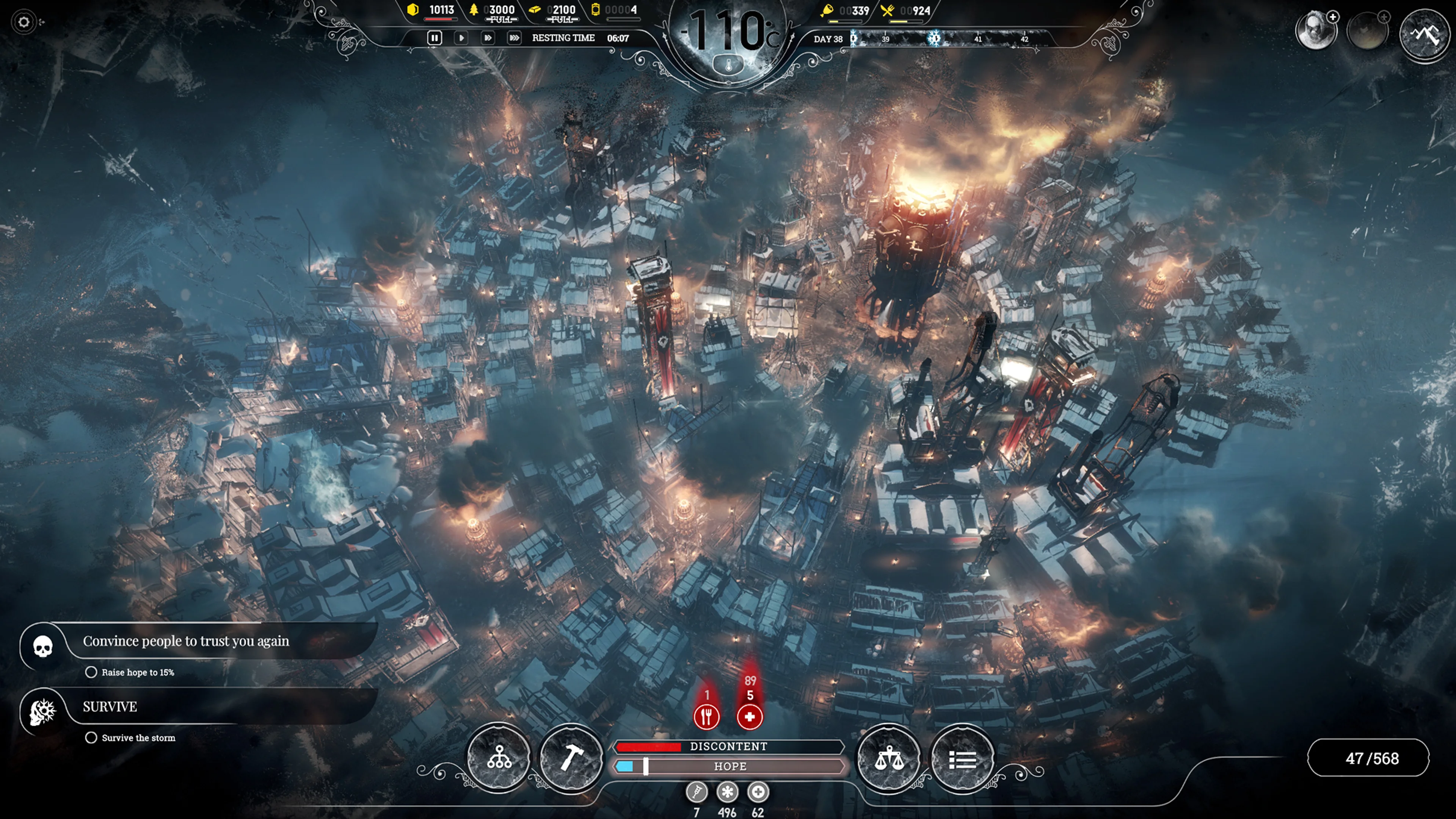 Official Frostpunk city interface: resources across the upper bar, a large temperature and day display above, and hope, discontent and build controls below.