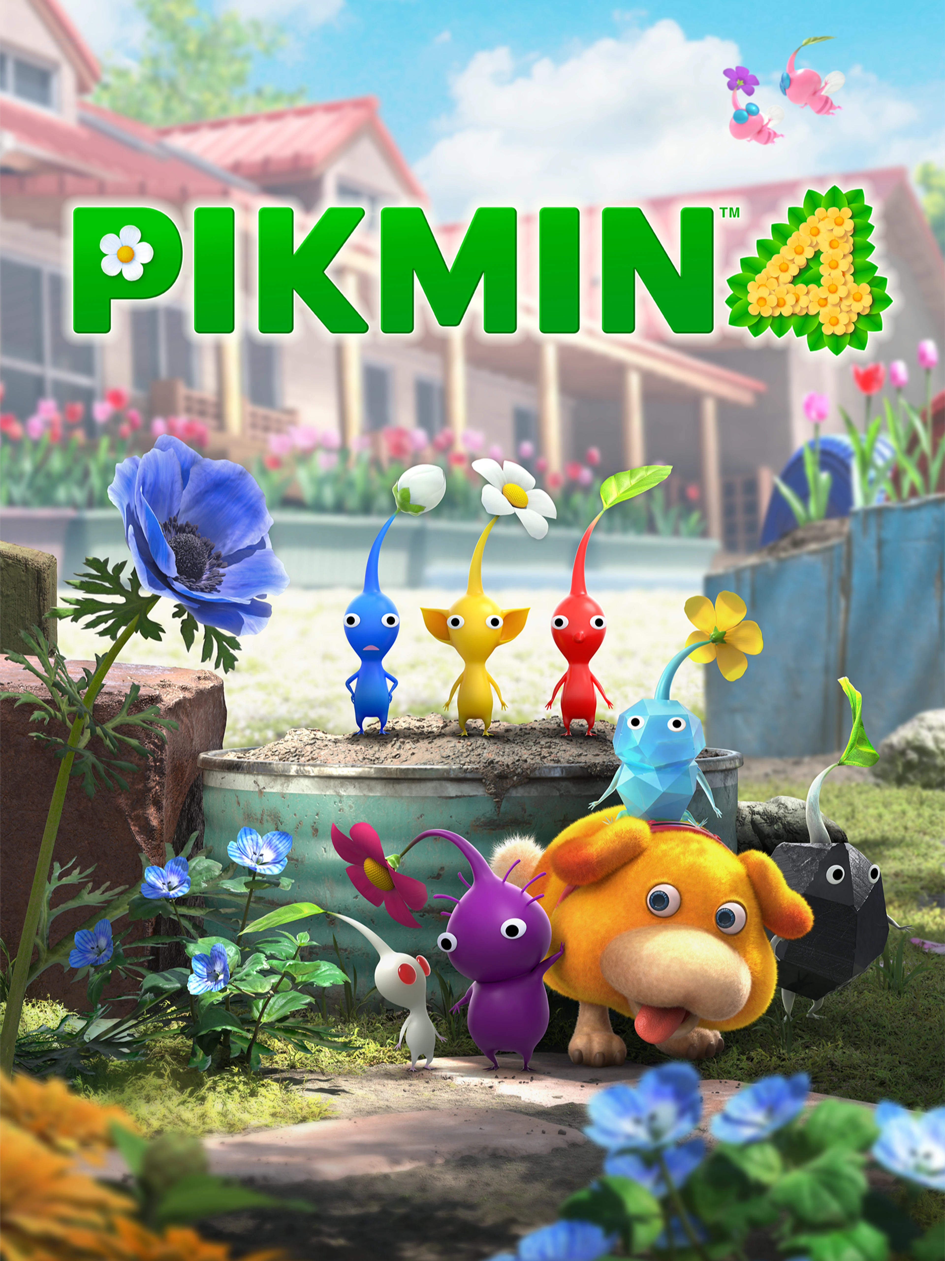 Official Pikmin 4 cover with colored Pikmin, rescue dog Oatchi, a garden setting, and the title logo.