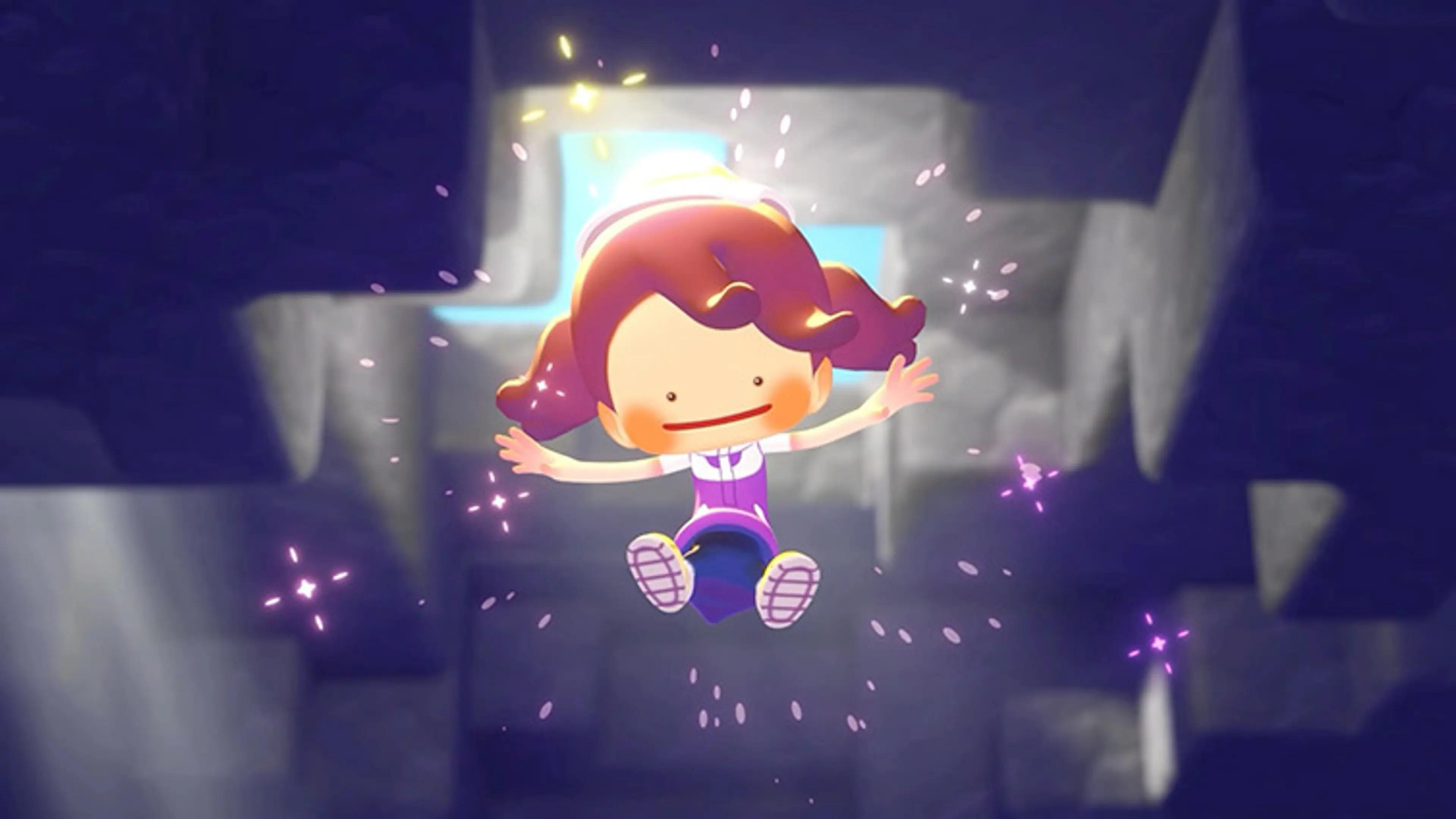 Gameplay screenshot: a small human-shaped character floats amid glowing particles inside a cavern in Pokémon Pokopia.