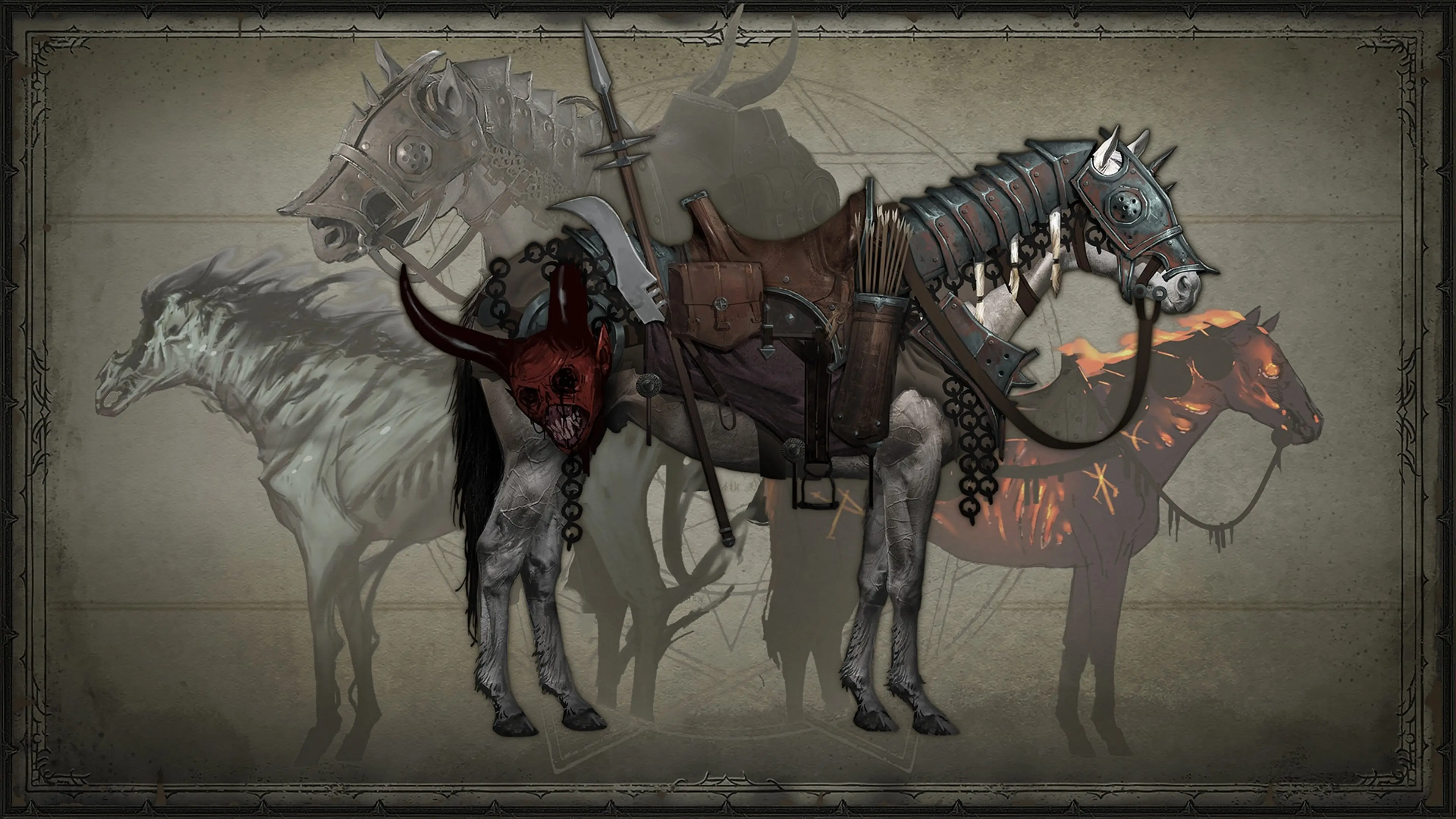 Diablo IV concept sheet showing a horse equipped with layered armor and travel gear.