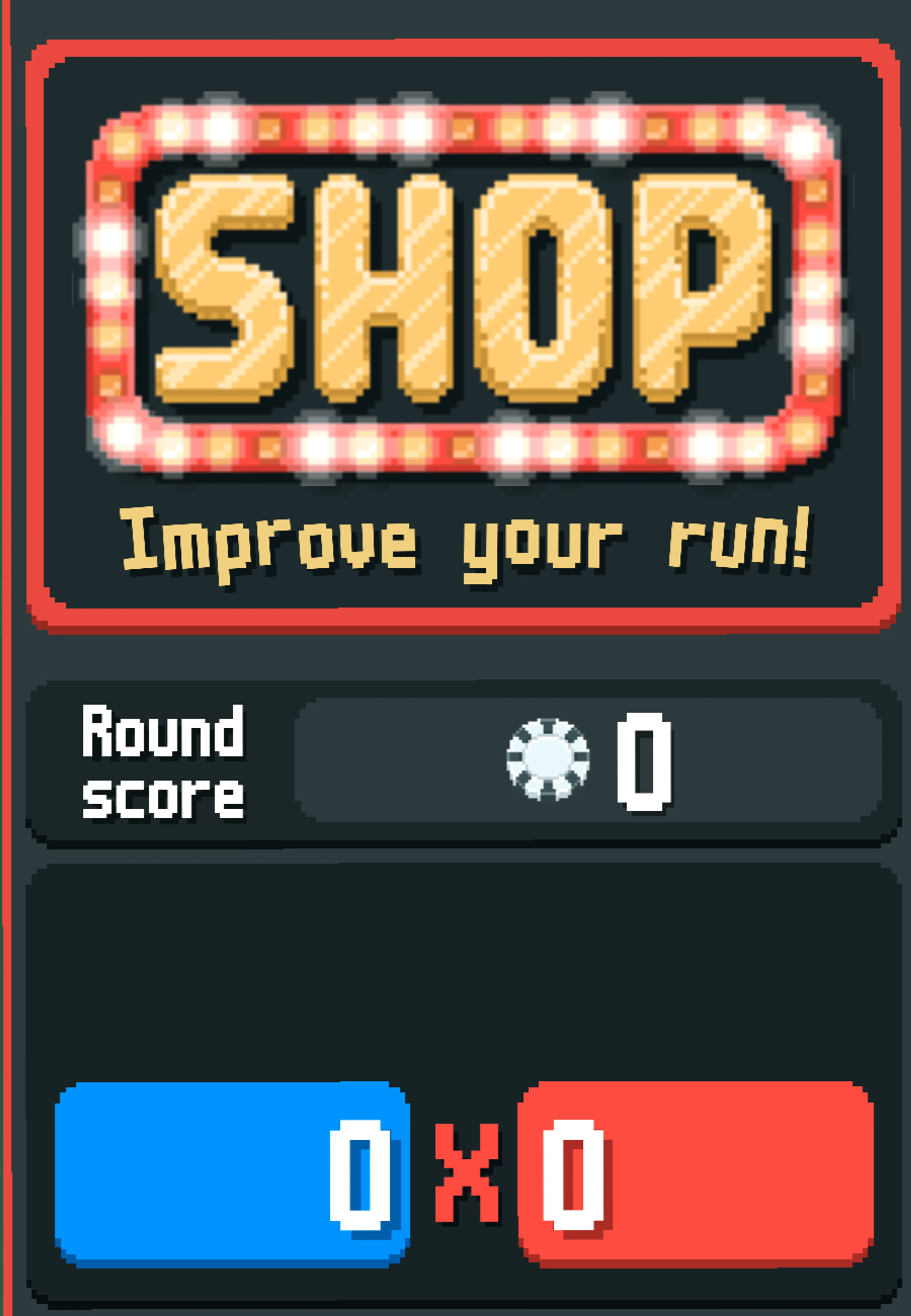 A SHOP sign sits above Round score 0 and an idle blue 0 × red 0 readout.