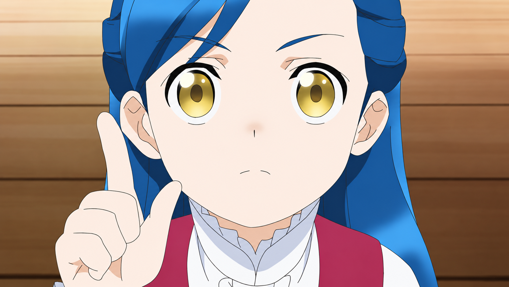 Myne raises a finger while speaking in an earlier Ascendance of a Bookworm episode.