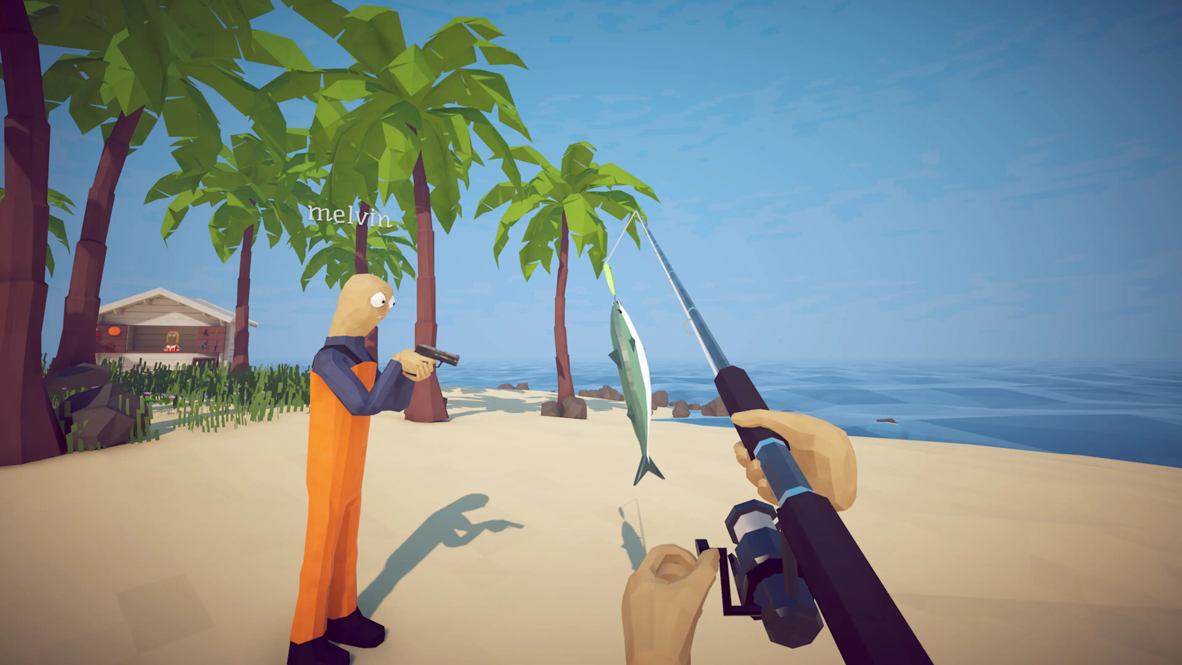 One player holds a freshly caught fish while another aims a pistol in How to Fish.
