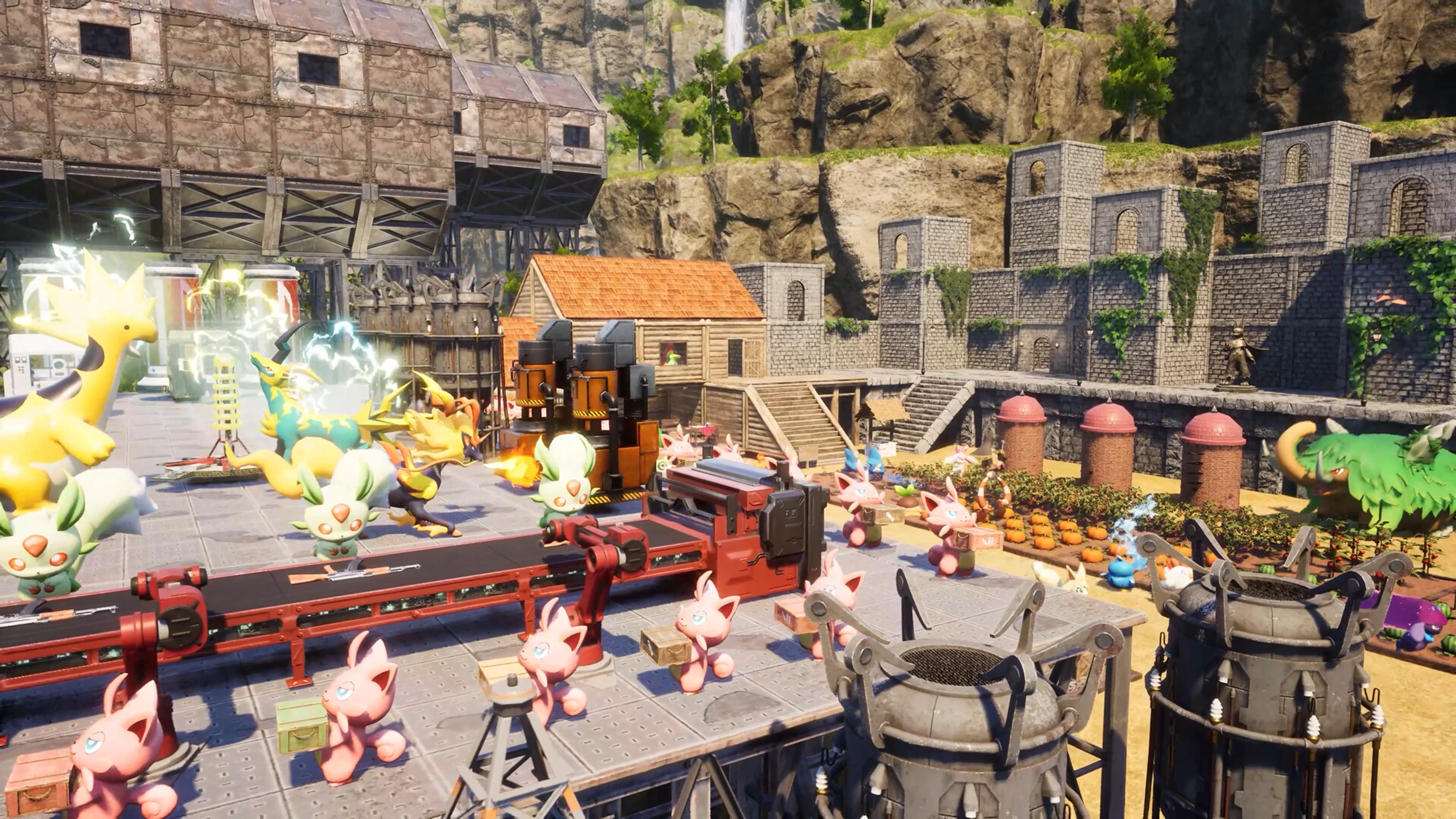 A large Palworld base filled with Pals, farms, machines, storage, and production areas.