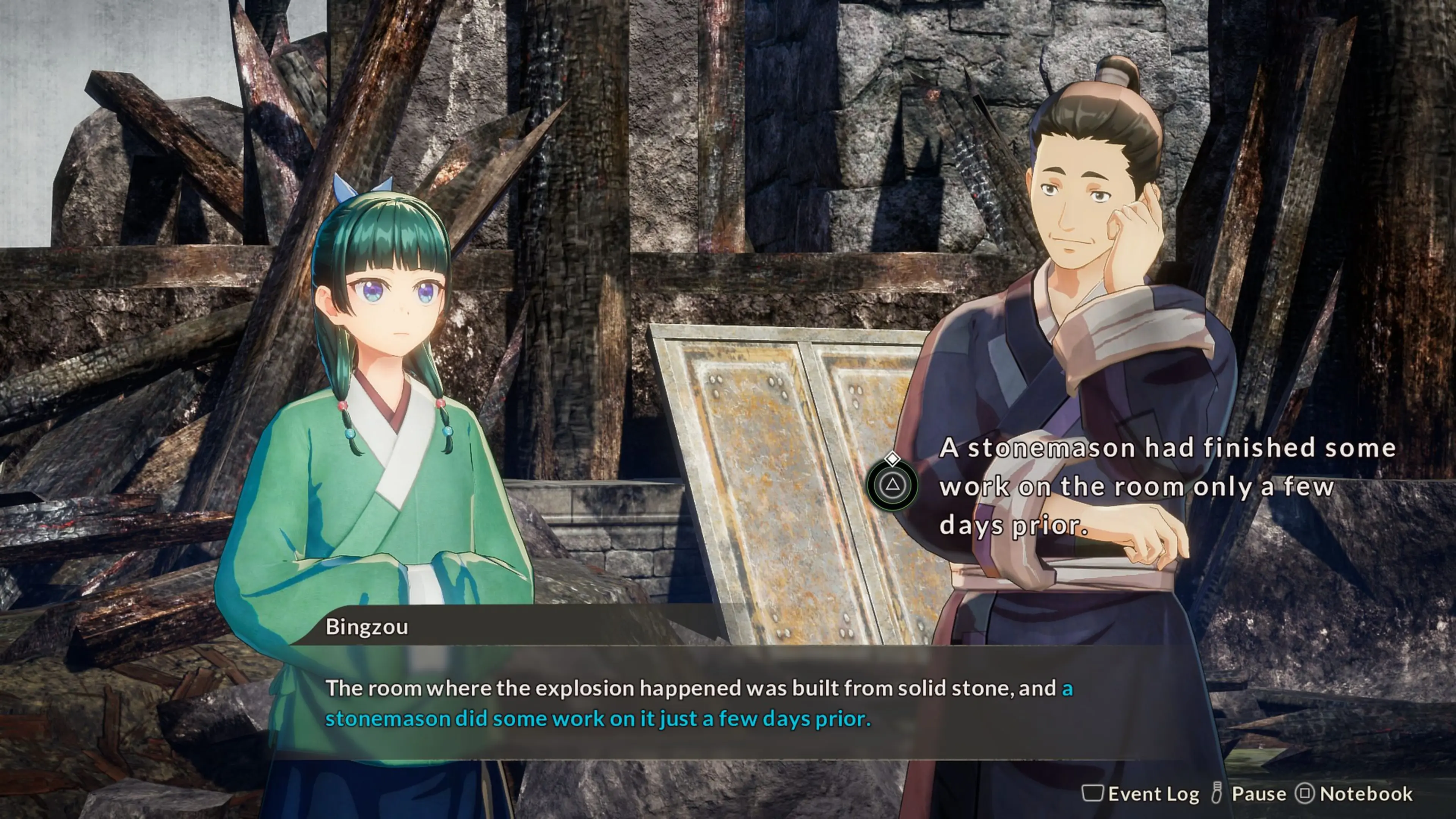 Maomao questions a witness beside a damaged room in The Apothecary Diaries: The False Imperial Brother.