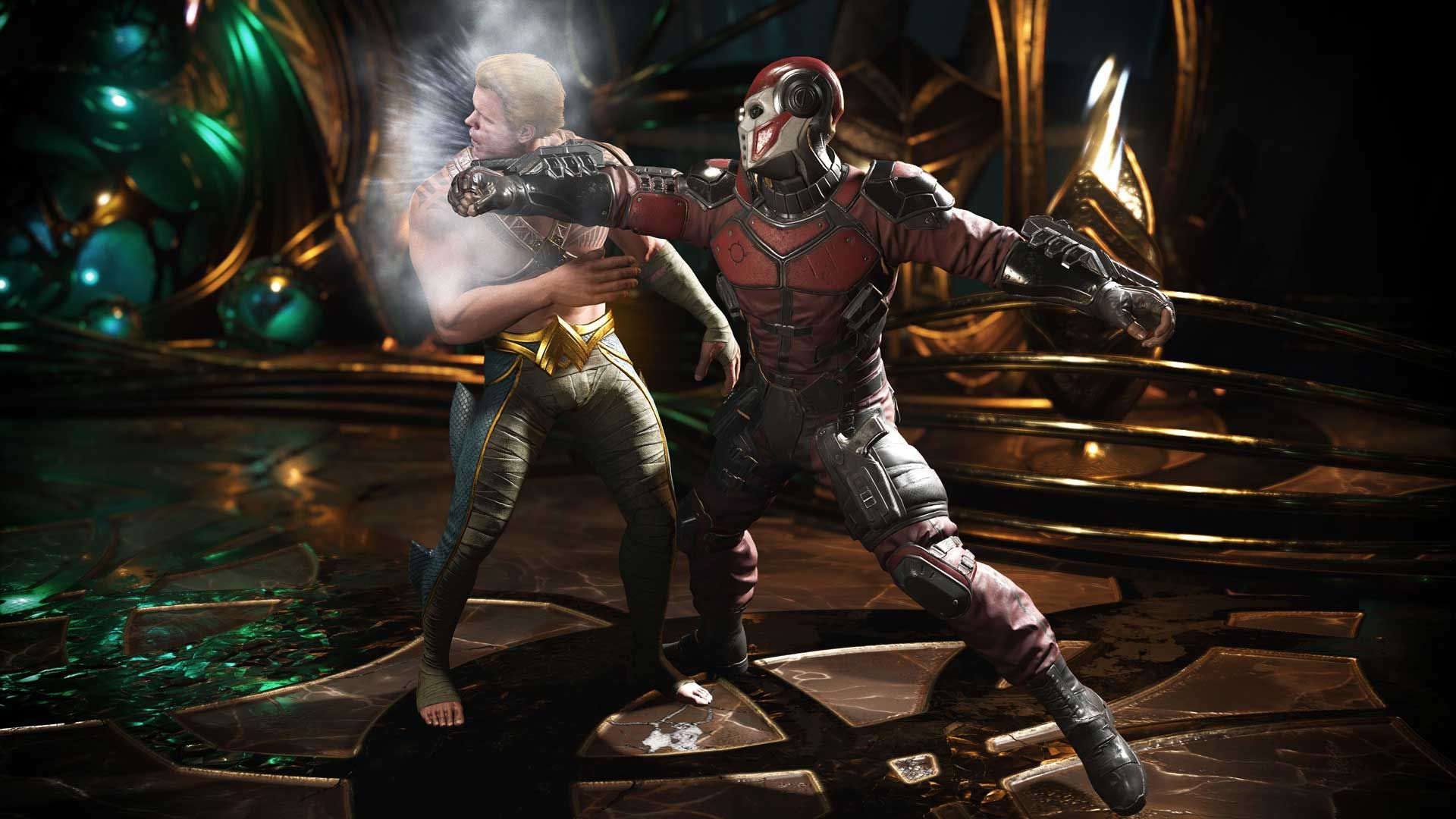 The masked Deadshot punches the blond Aquaman during a one-on-one fight.