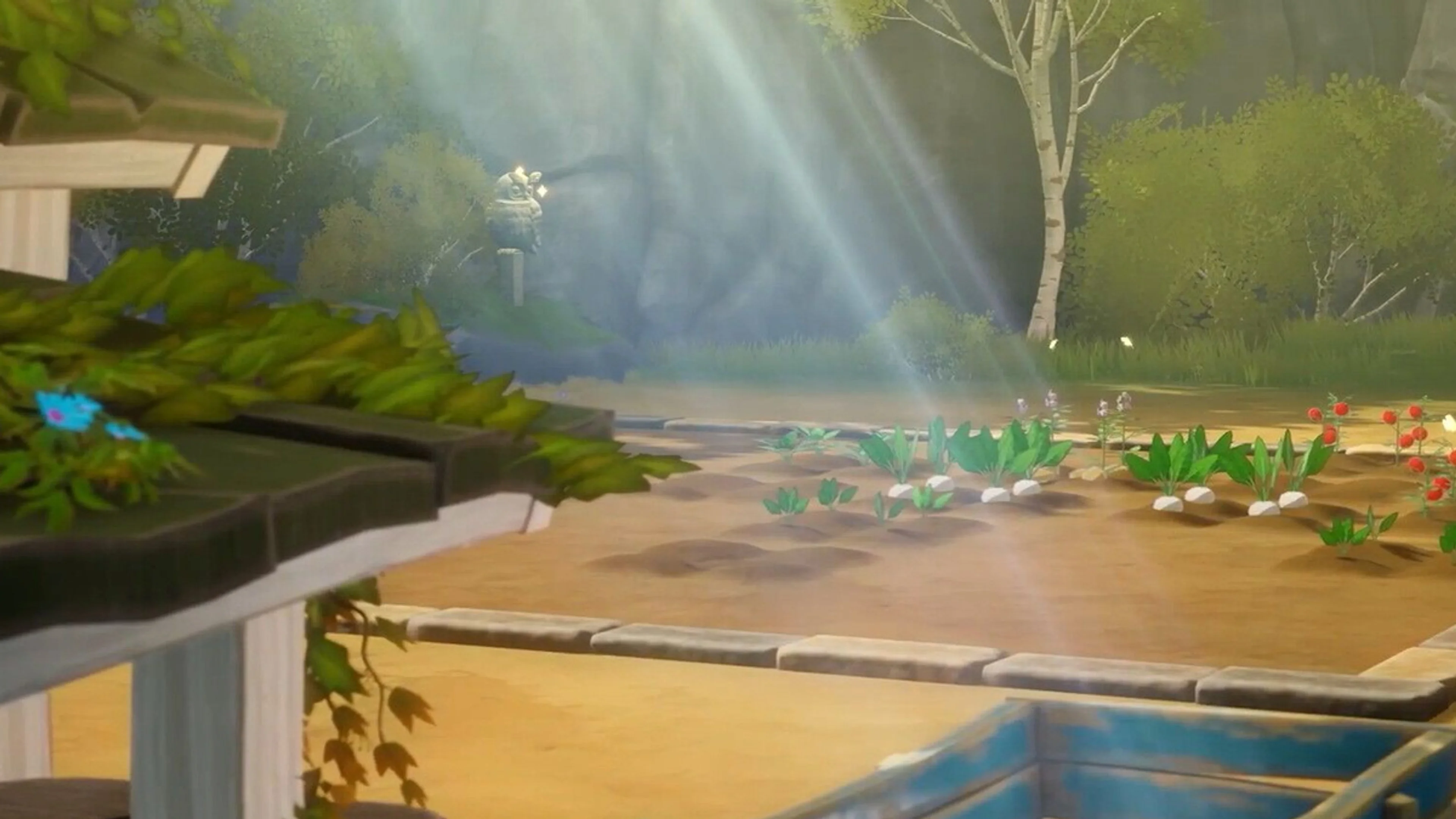 A planted farm plot and a wooden cart appear in Rune Factory 6's clean work-in-progress footage.