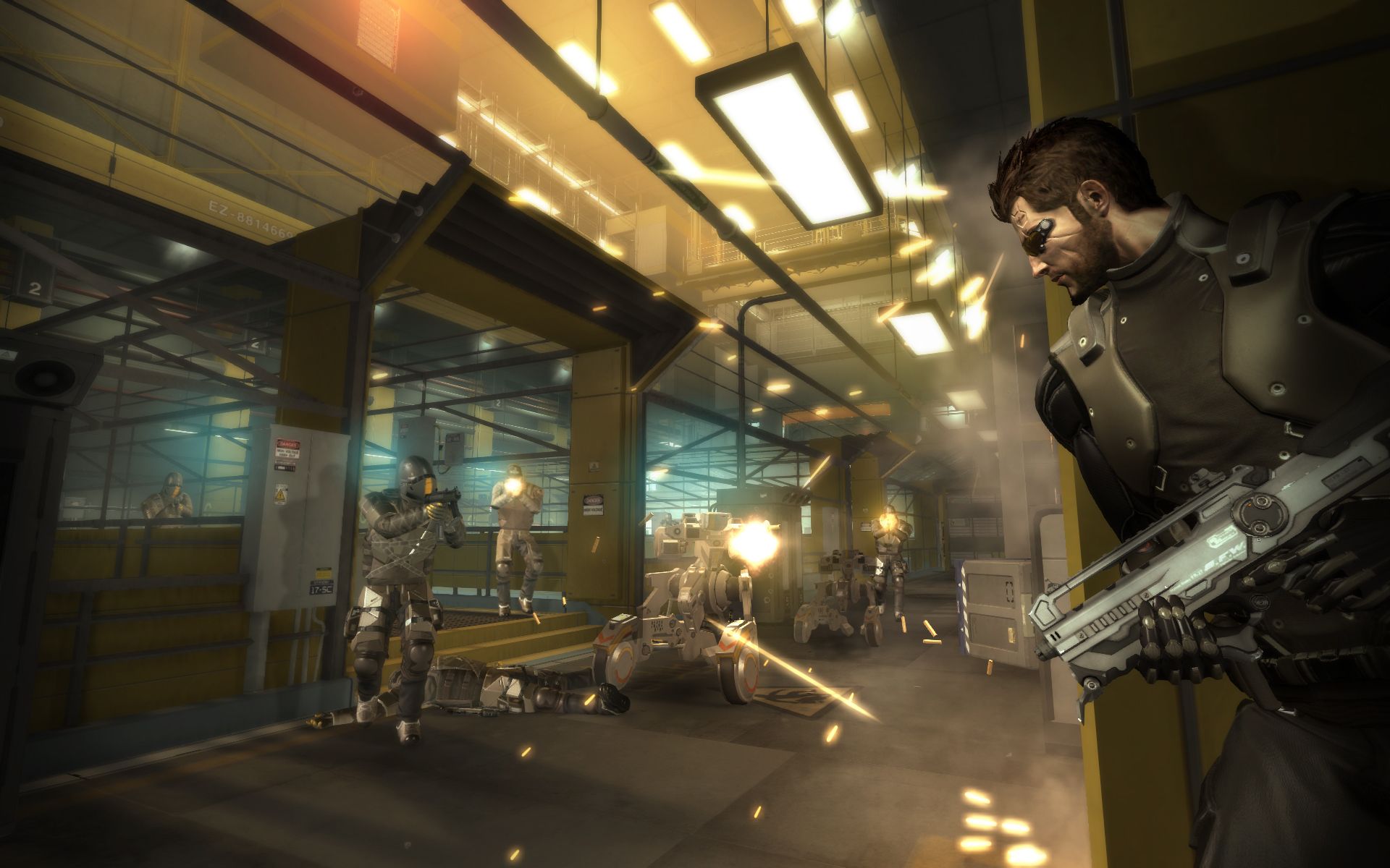 Adam Jensen takes cover inside Tai Yong Medical while armed security forces and a robot advance.