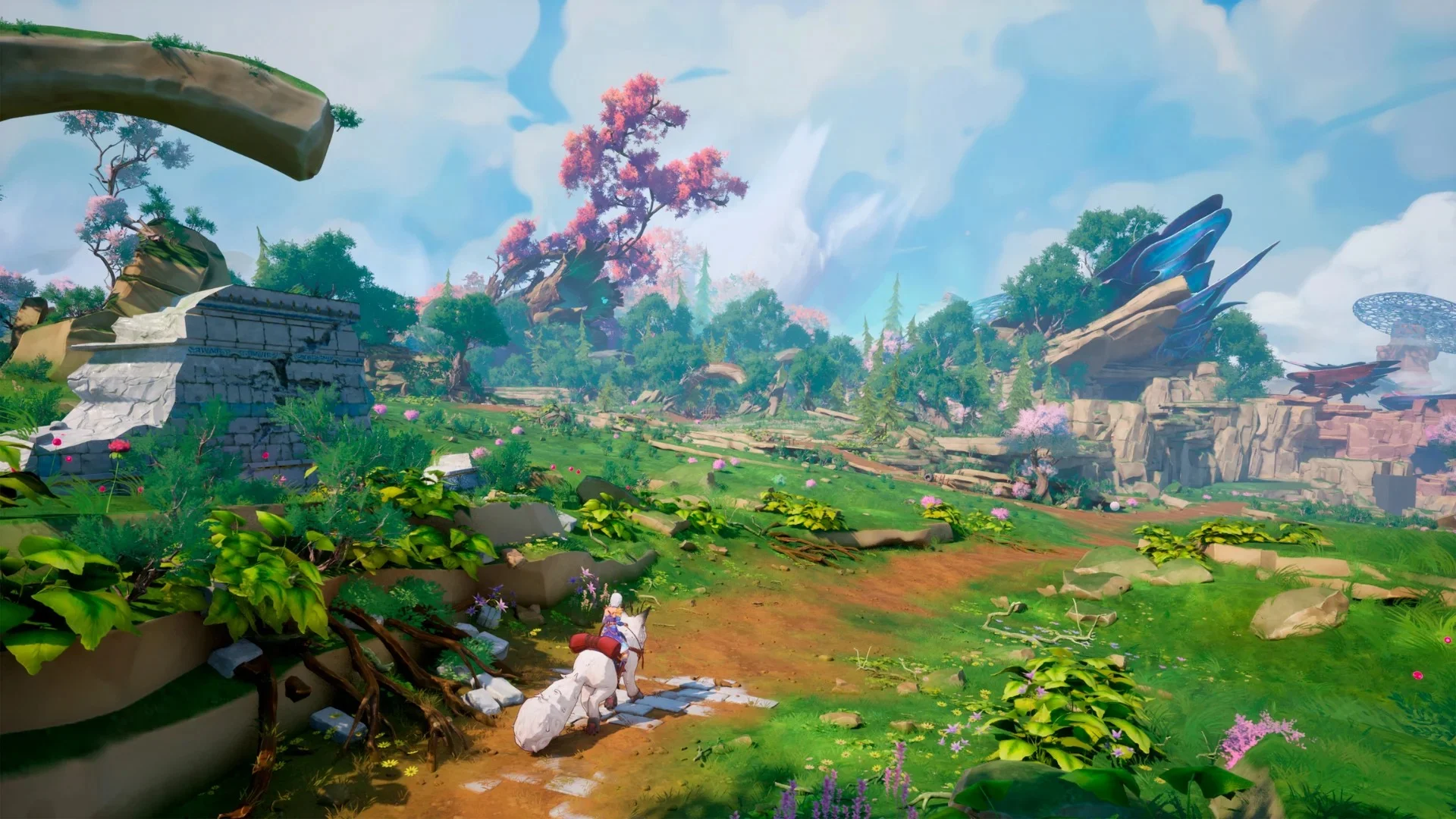 A rider approaches flowering trees and ancient ruins in Edge of Memories.