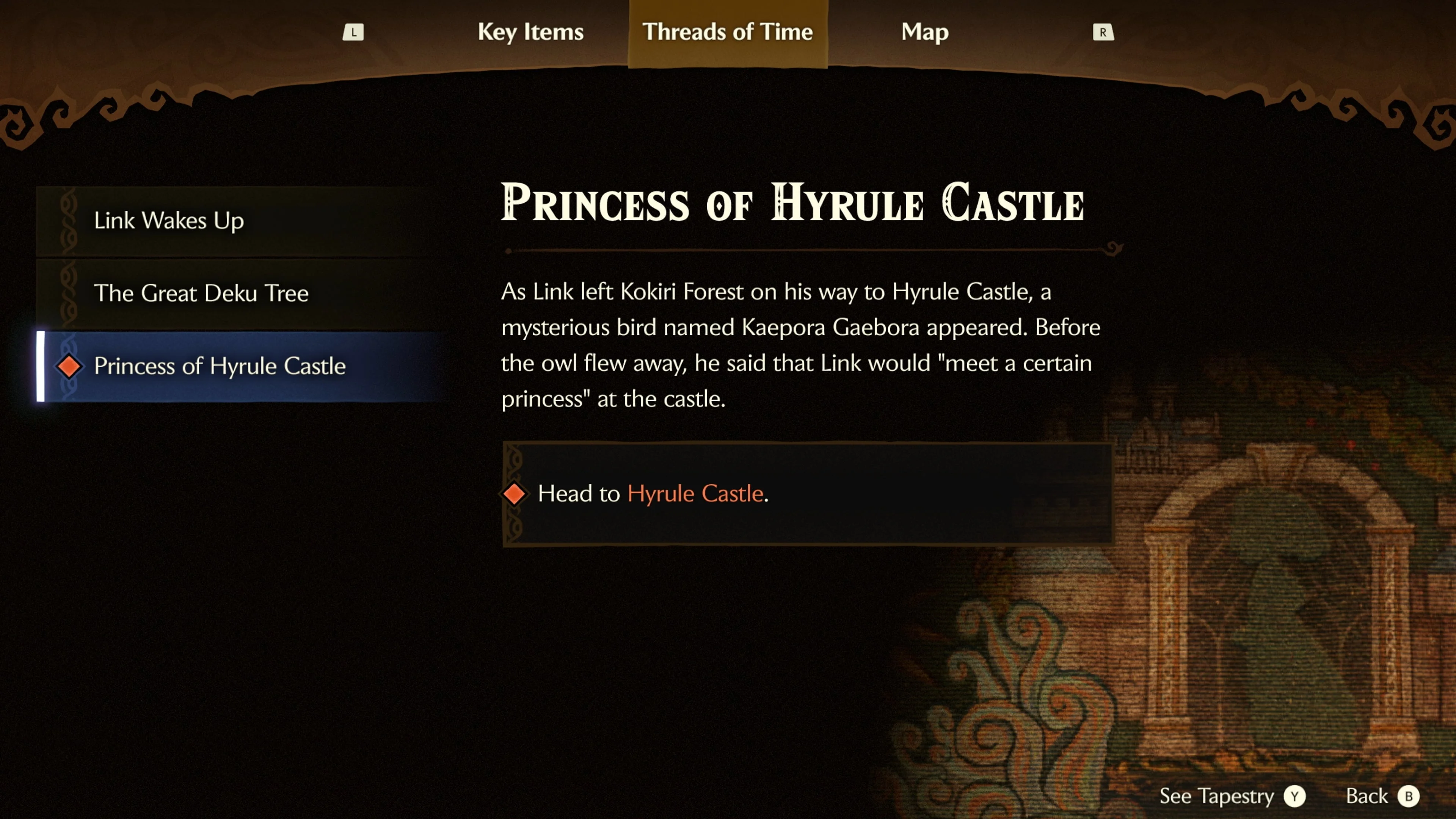 The Threads of Time menu displays story objectives beside a woven tapestry in Ocarina of Time.