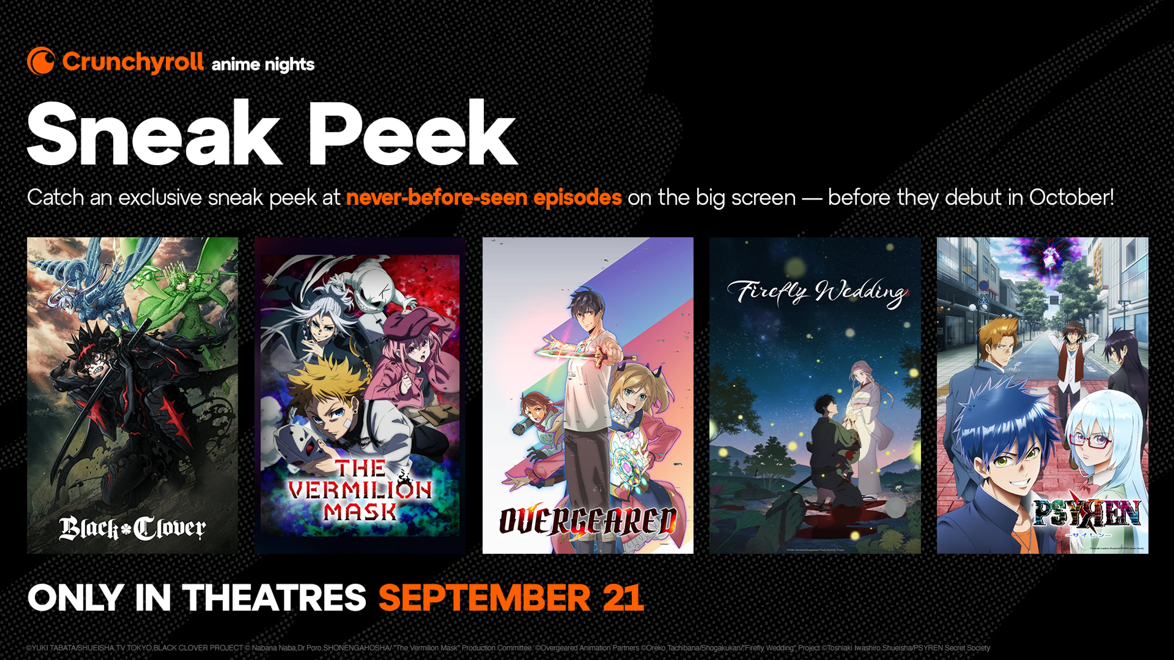 Official Crunchyroll Anime Nights September Sneak Peek card showing all five anime and the September 21 theater date.