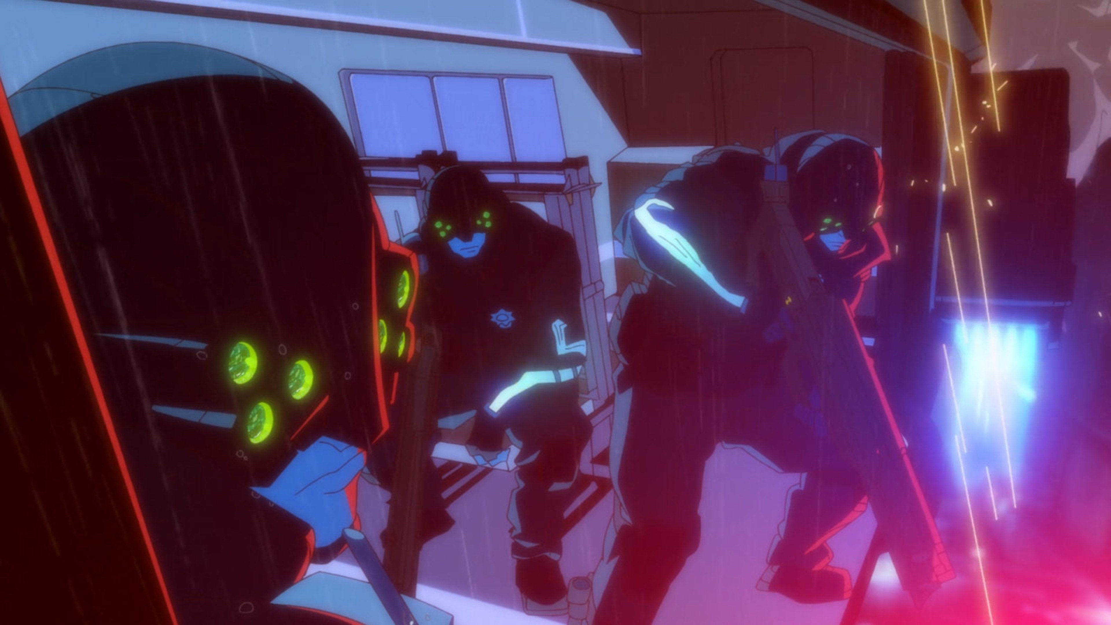 A MaxTac officer appears during an action scene in Cyberpunk: Edgerunners.