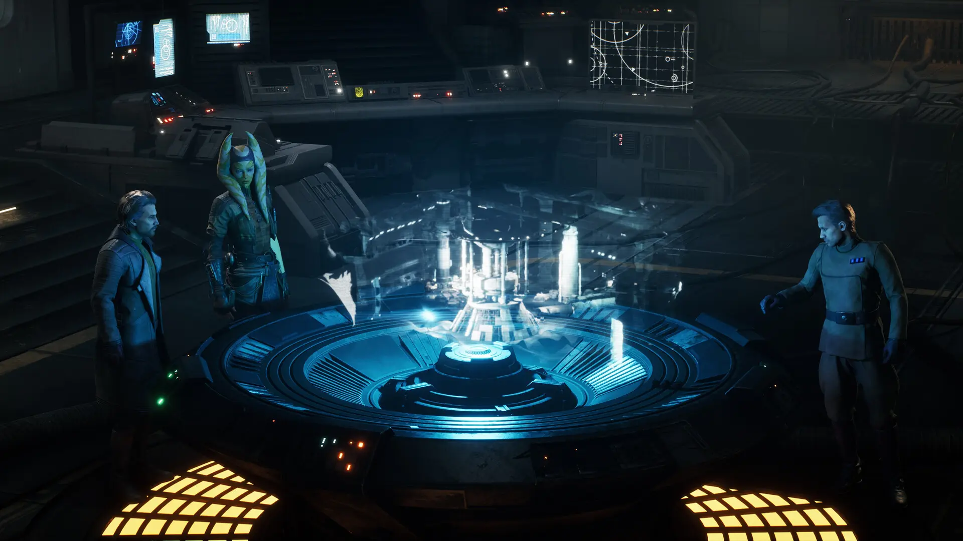 Hawks and Zero Company members standing around a holographic table in the Den