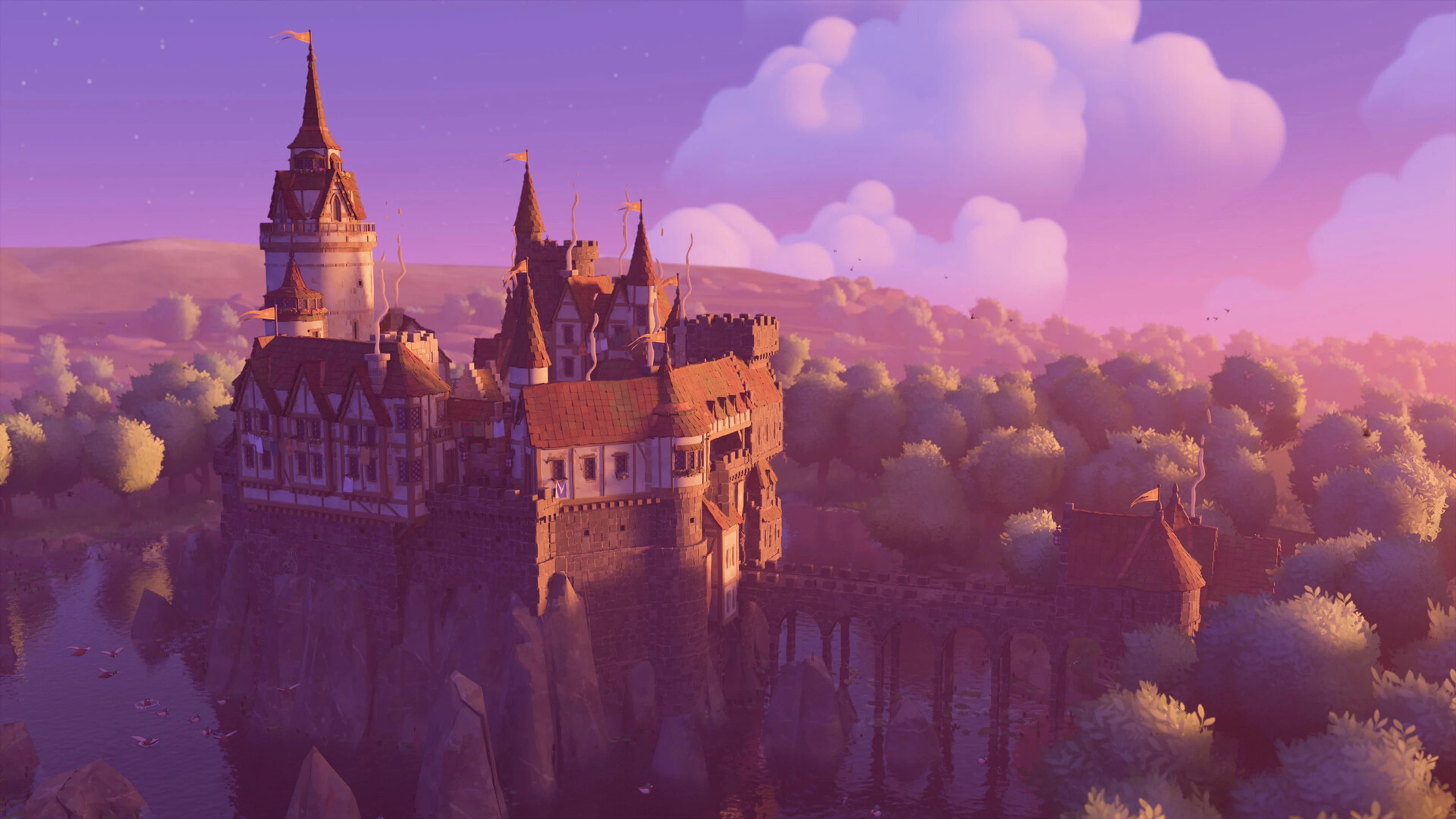 A stone castle stands above a meadow at sunset in Tiny Glade.