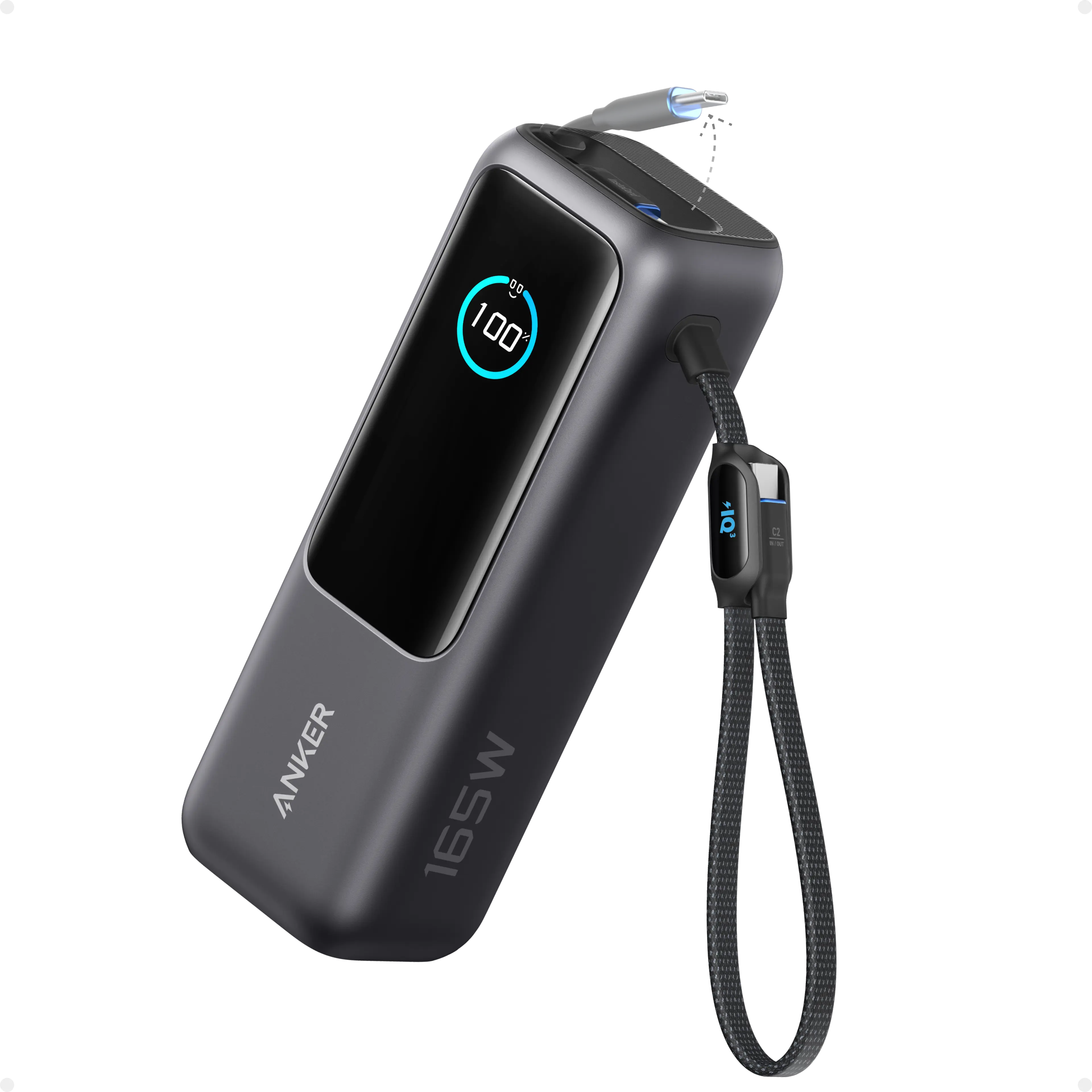 Black Anker A1695 25K power bank with integrated USB-C cables