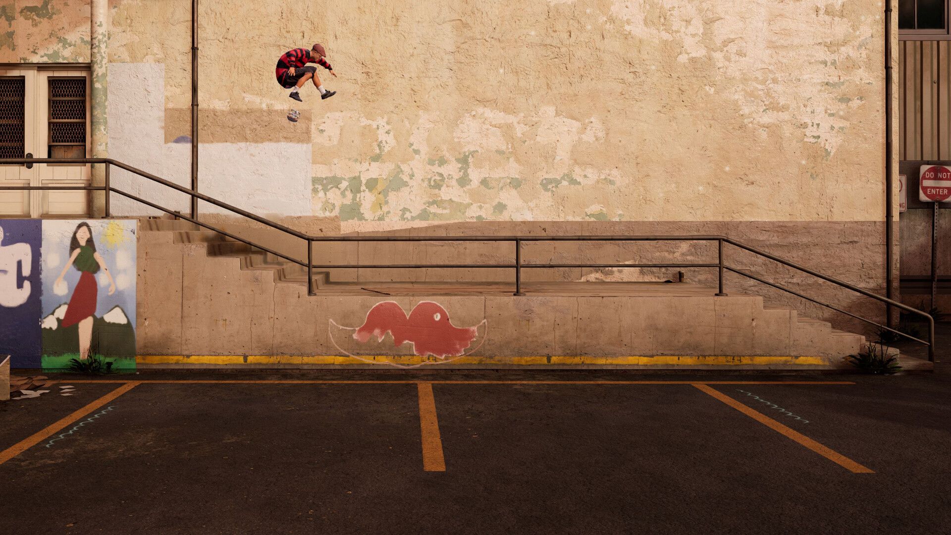 A skater jumps above a staircase and handrail in an outdoor area, showing the elevated third-person view.