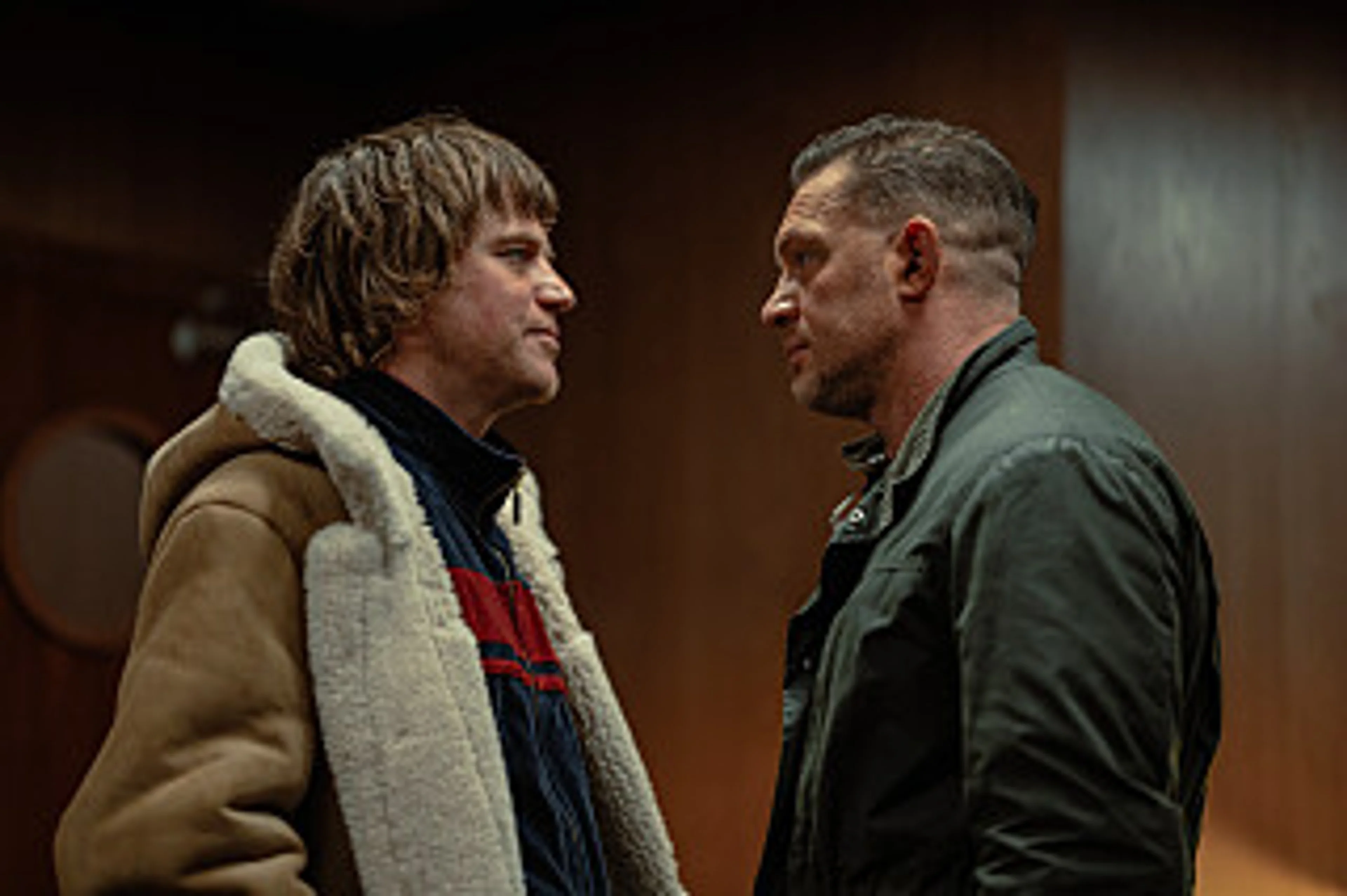 Tom Hardy faces Johnny Flynn in an official MobLand Season 2 still.