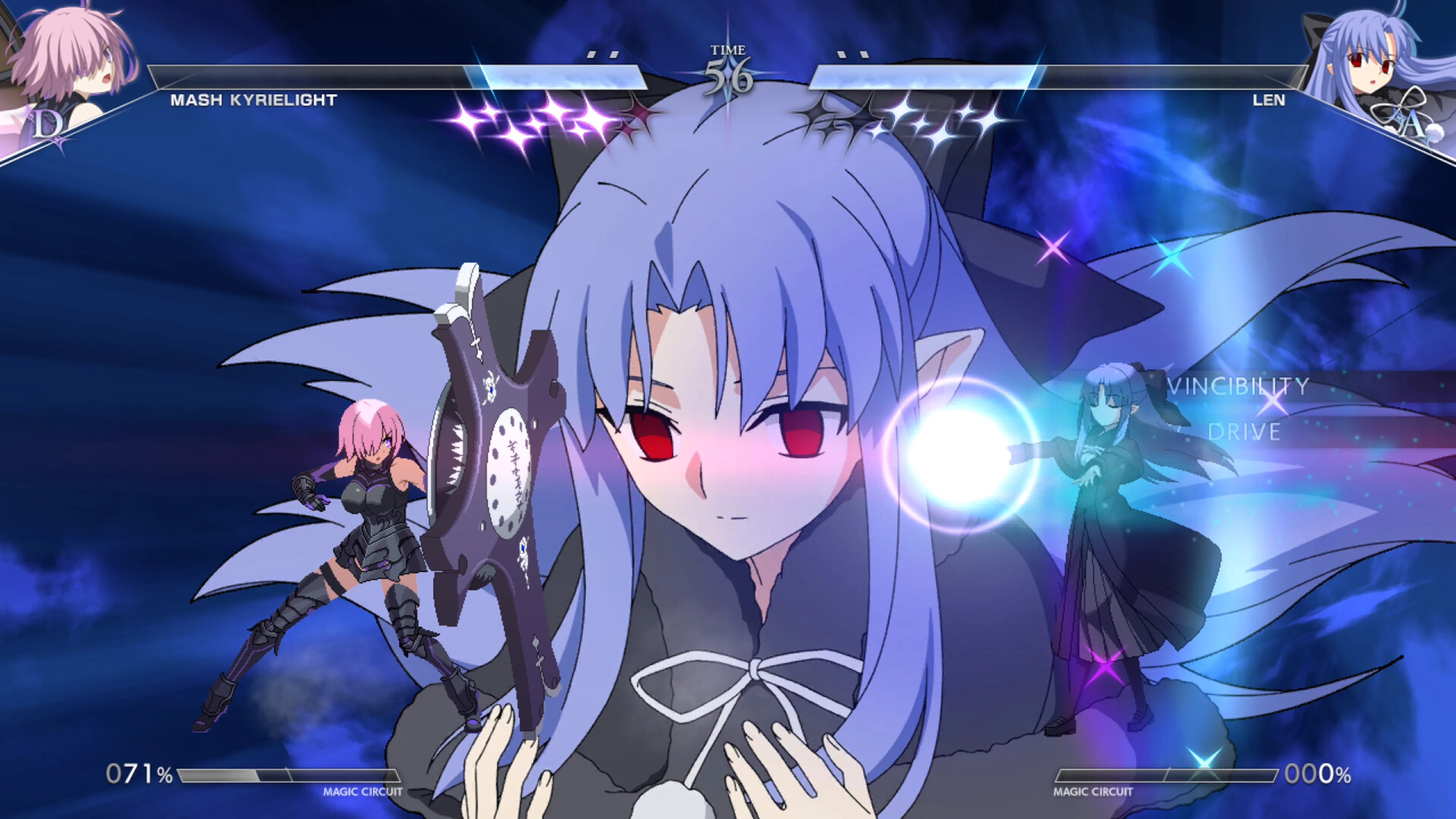 Len creates a large blue energy attack while fighting Mash Kyrielight.