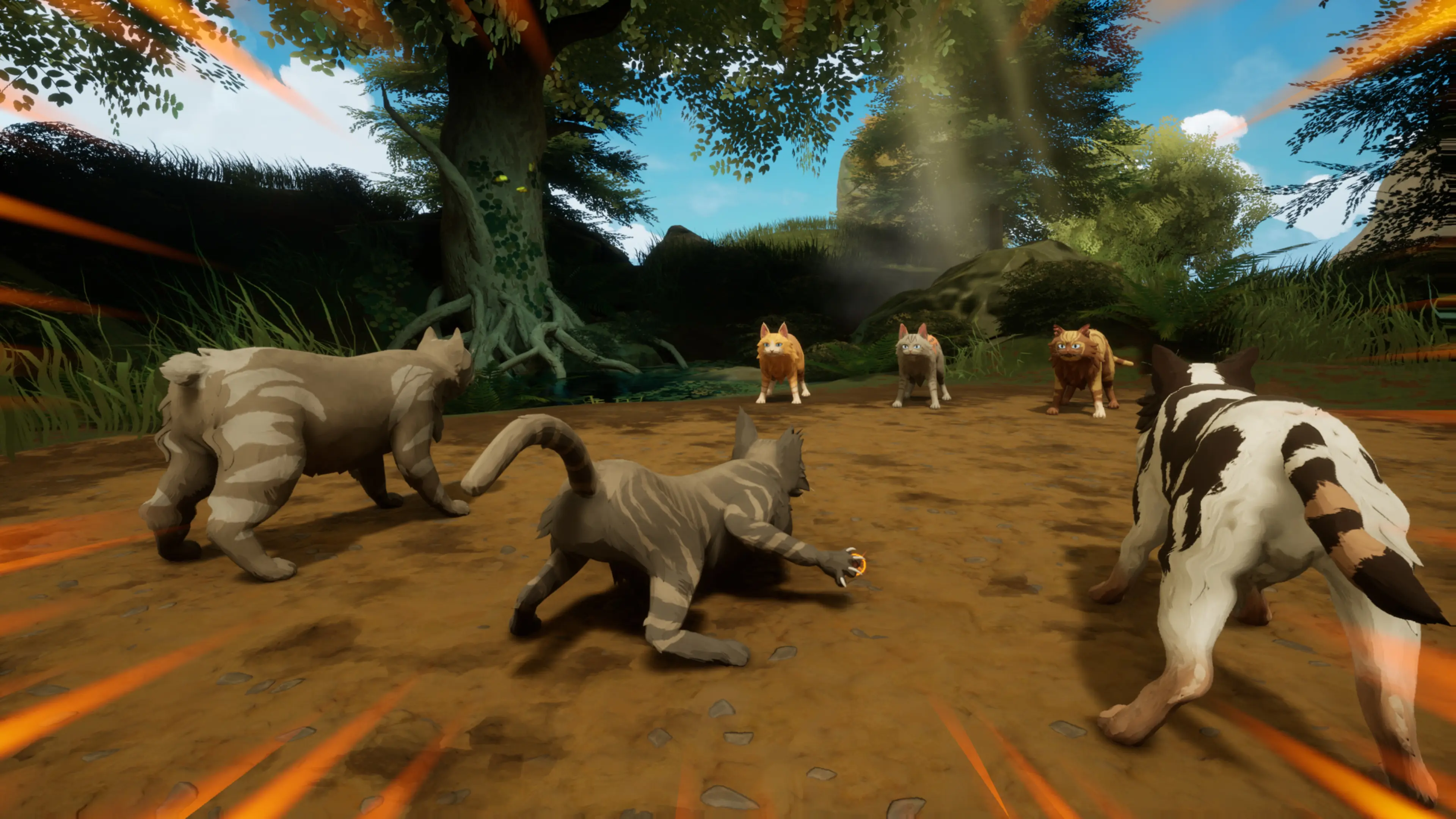 Two groups of warrior cats face one another in a sunlit forest clearing in Clans of the Forest.