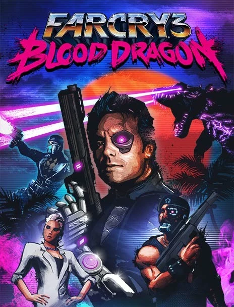 Official Far Cry 3: Blood Dragon poster with Rex Colt and the neon title.