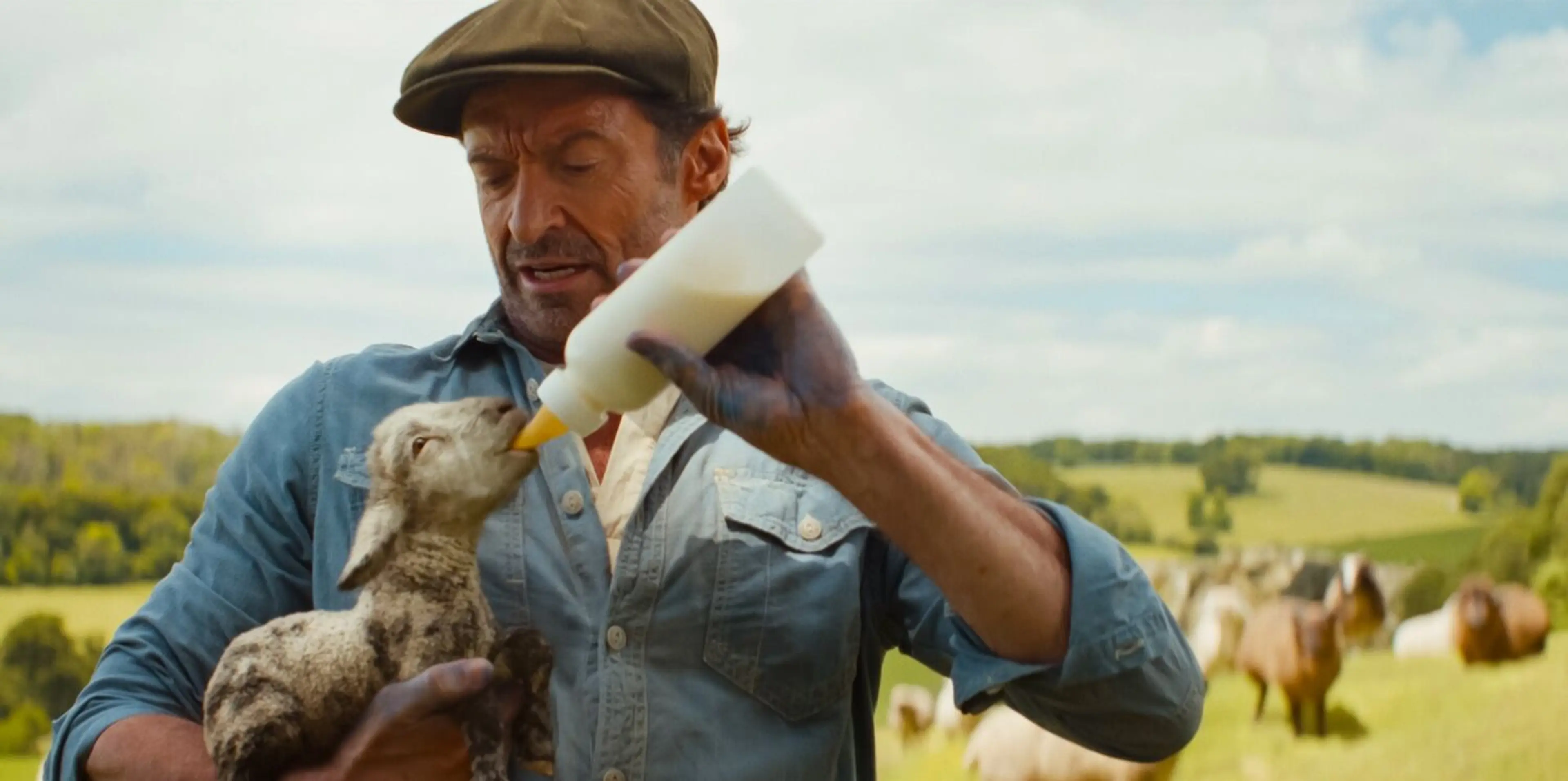 George holds a small lamb and feeds it from a bottle outdoors.