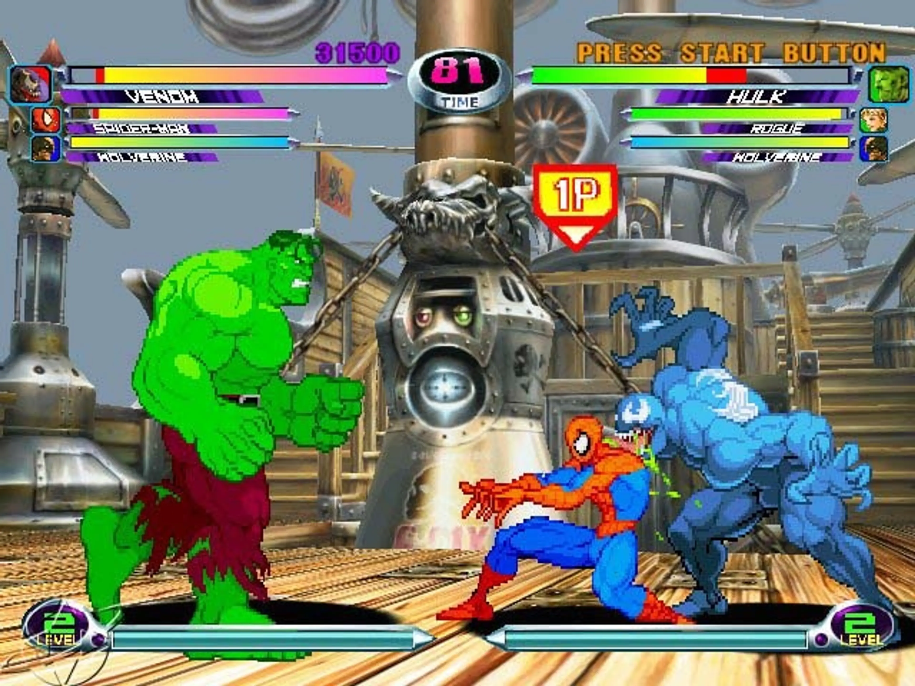 A three-on-three match in the Dreamcast version of Marvel vs. Capcom 2.