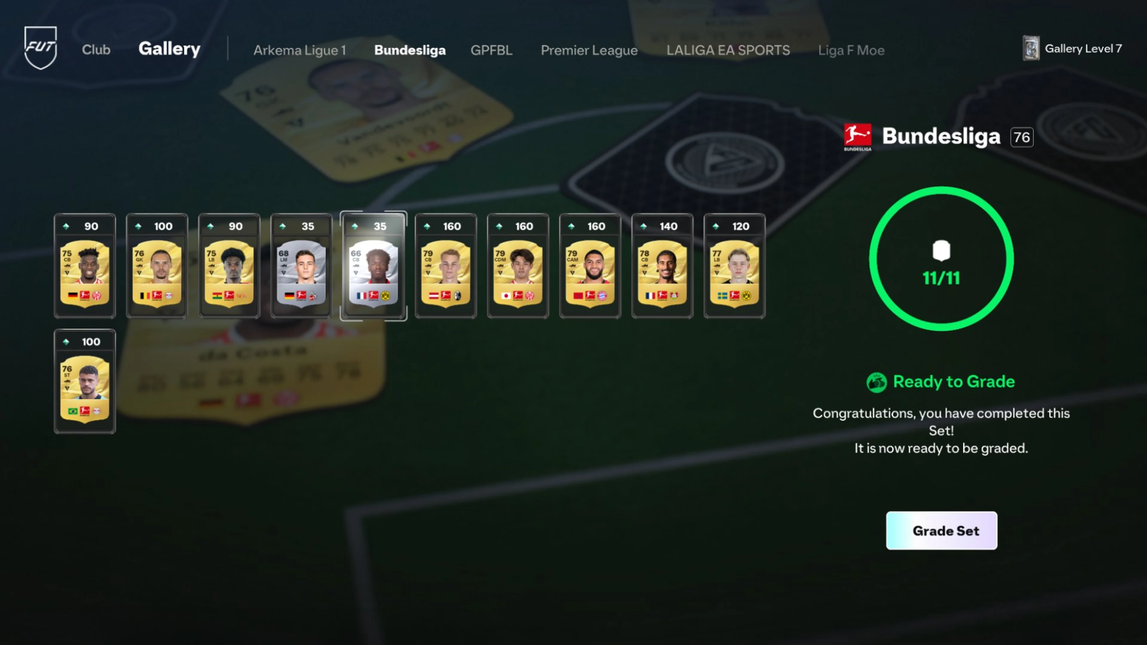 EA FC 27 FUT Gallery showing a completed Bundesliga Set with 11 Player Items ready to grade.