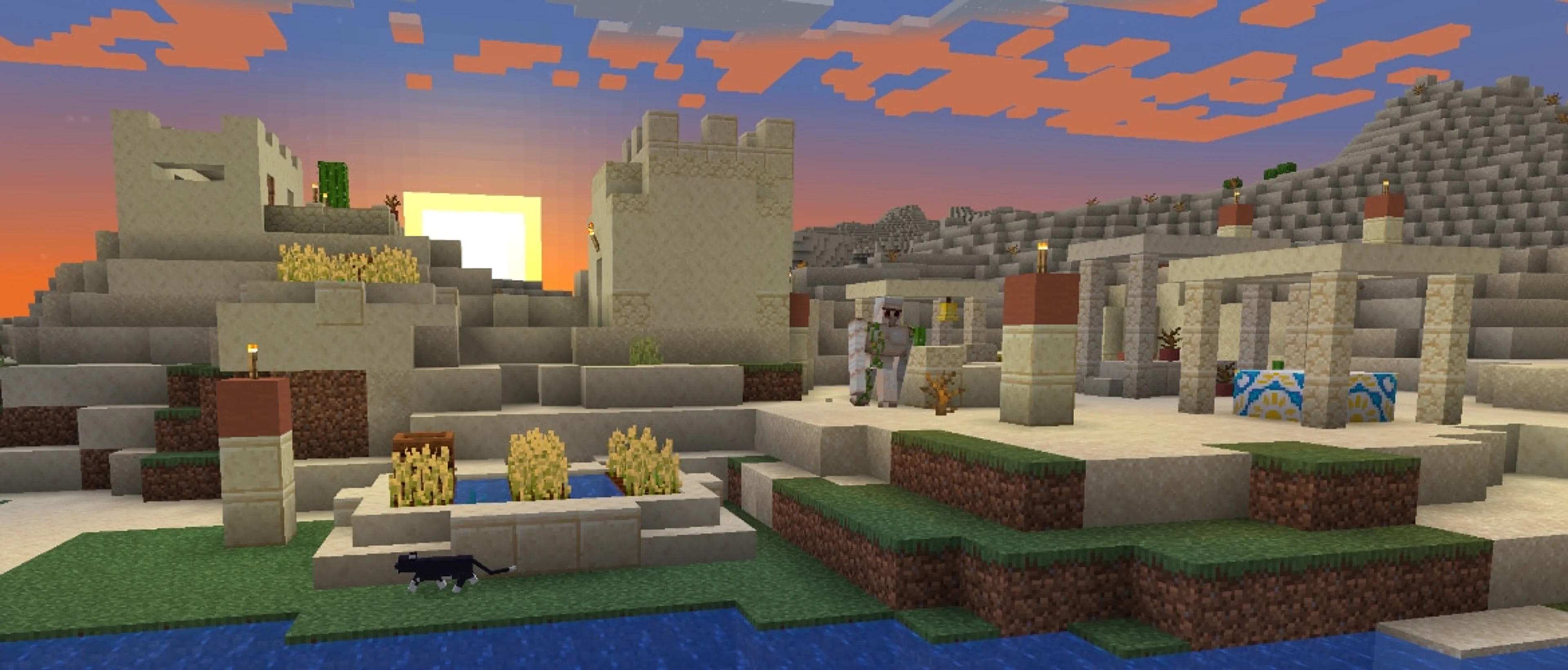 A wide Minecraft village with several houses, paths, farms, and villagers.