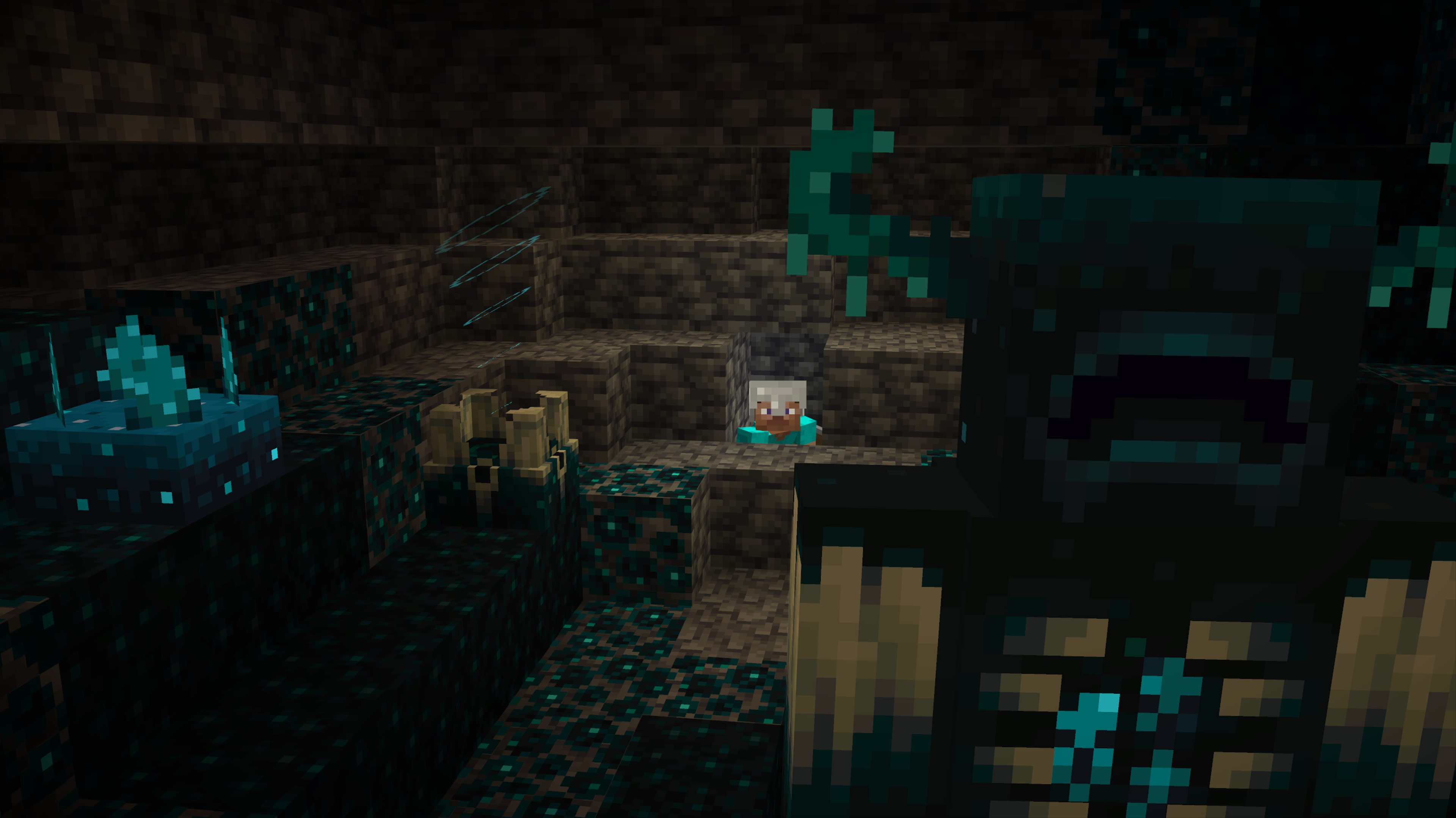 Steve crouching behind blocks while a Warden searches an Ancient City in Minecraft.