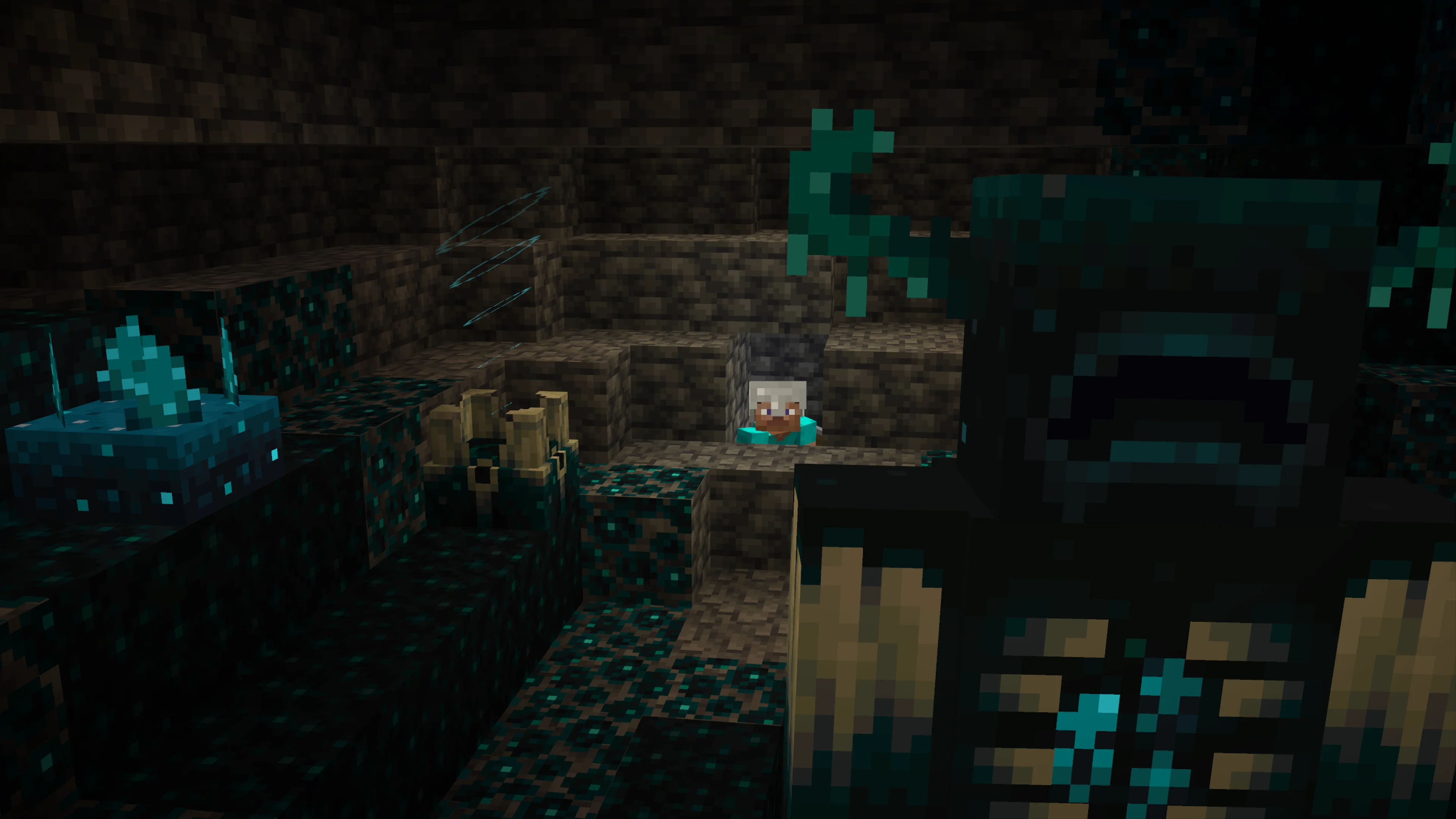 Steve crouching behind blocks while a Warden searches an Ancient City in Minecraft.