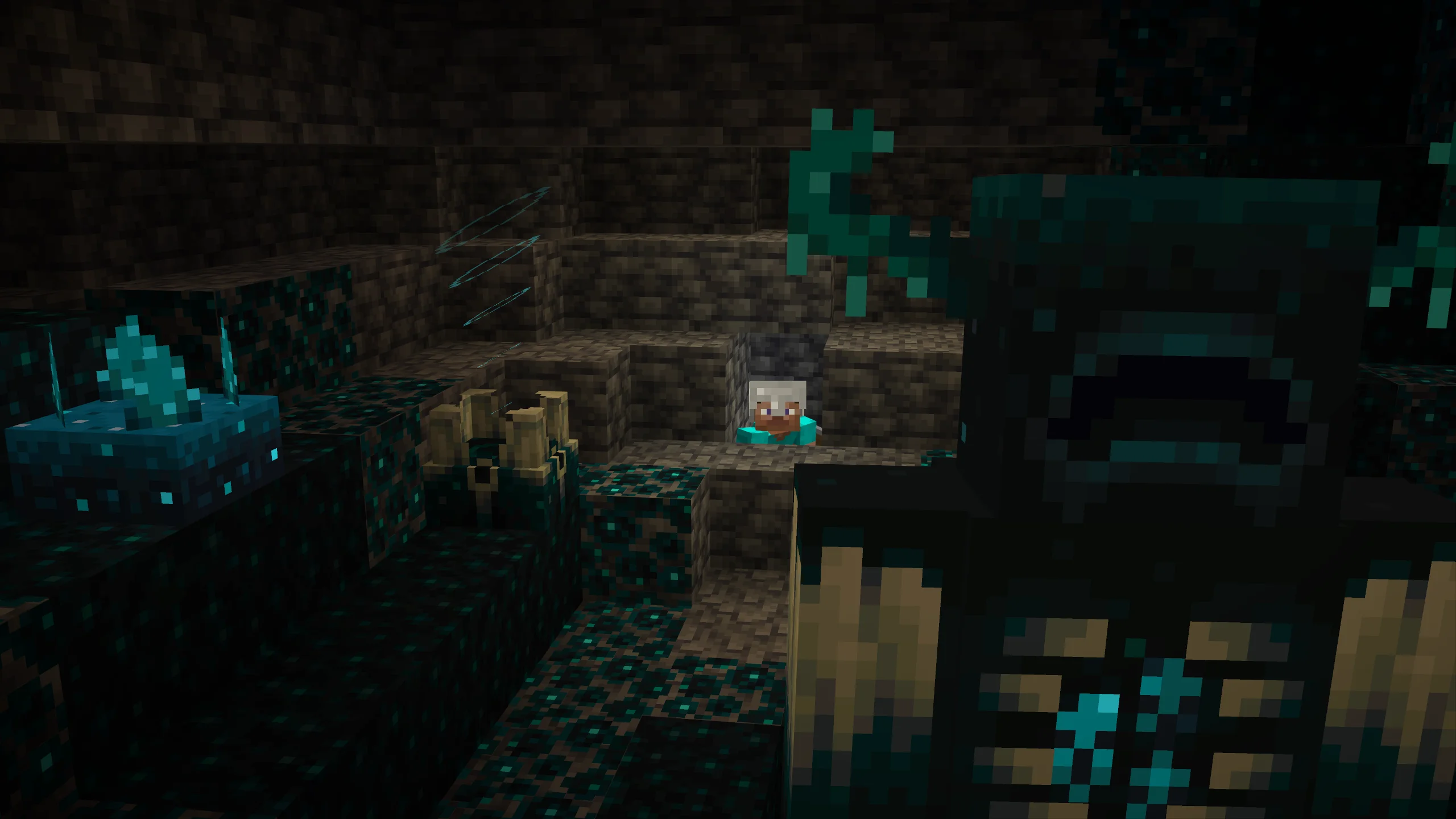 Steve crouching behind blocks while a Warden searches an Ancient City in Minecraft.
