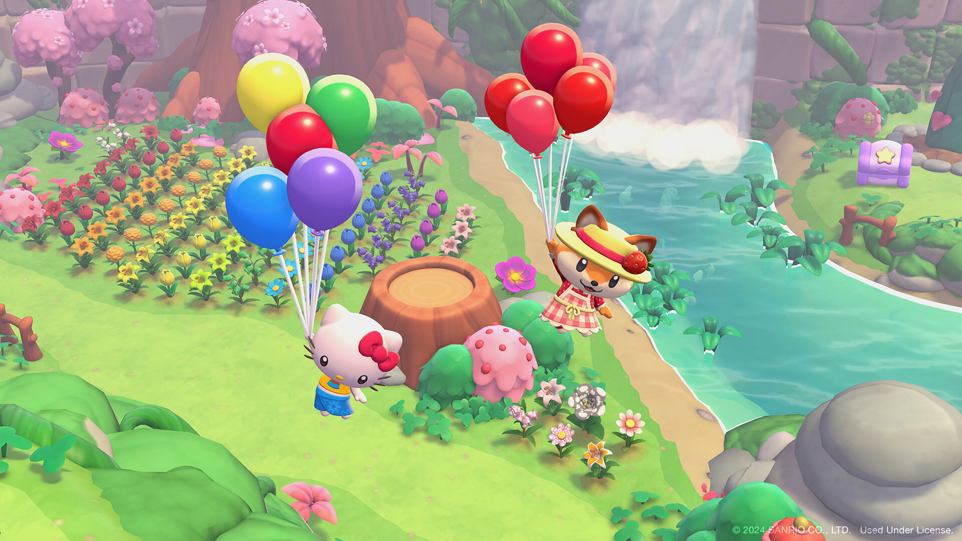 Hello Kitty and friends floating with balloons above a colorful island landscape.