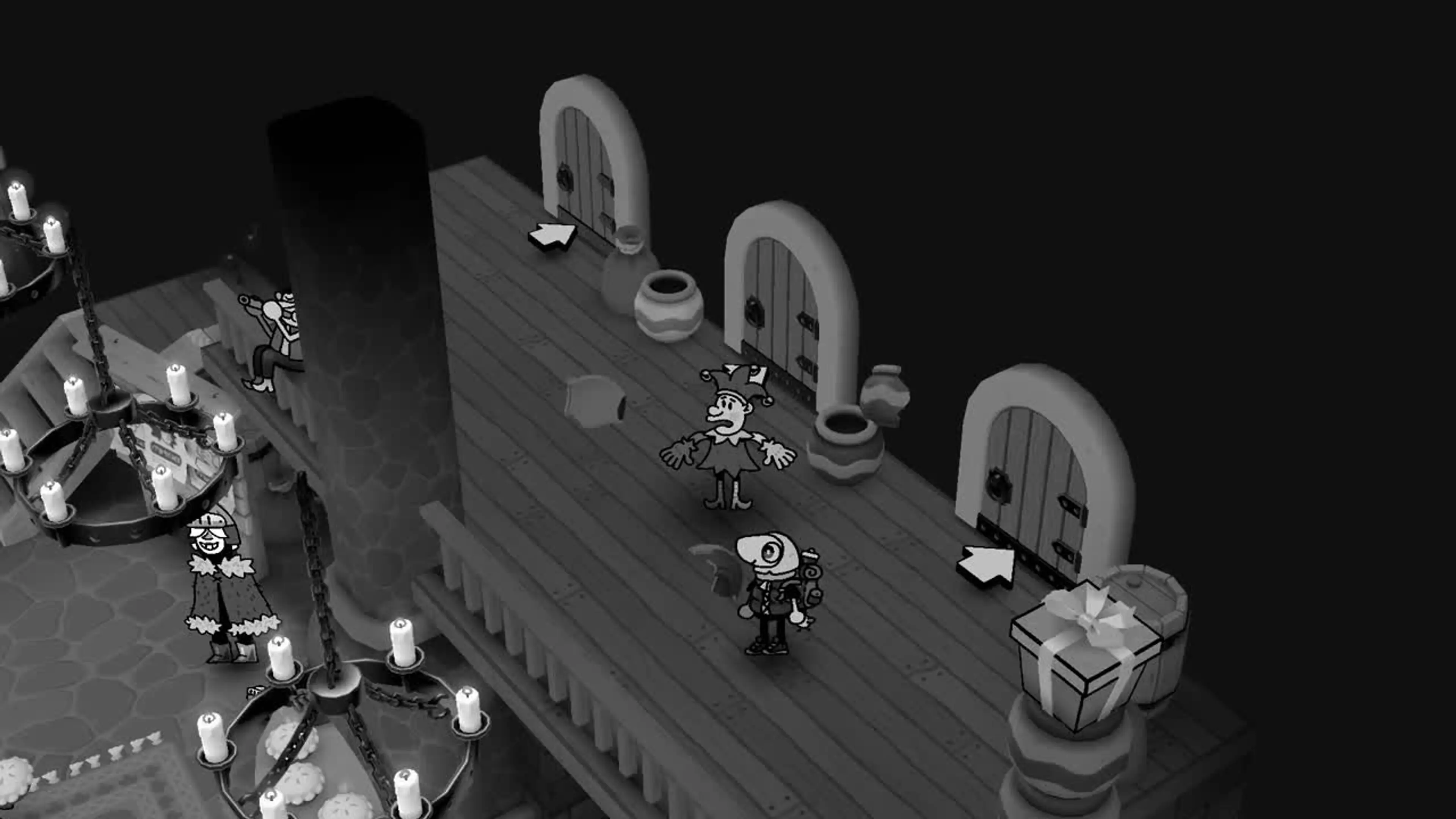 The photographer faces a jester in a hall lined with doors and candles.