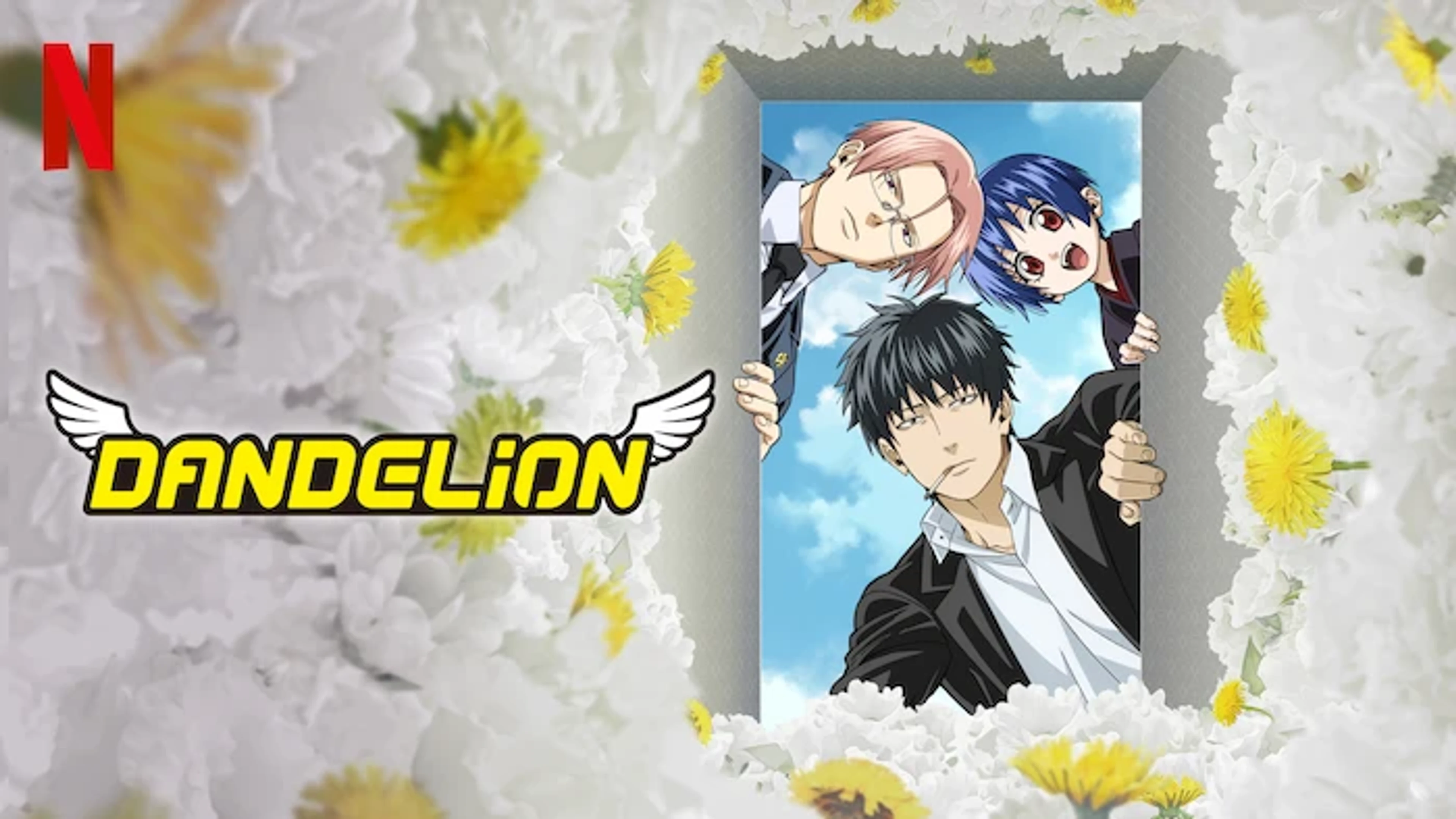 Official Netflix Dandelion promotional image with the lead characters framed by white flowers.