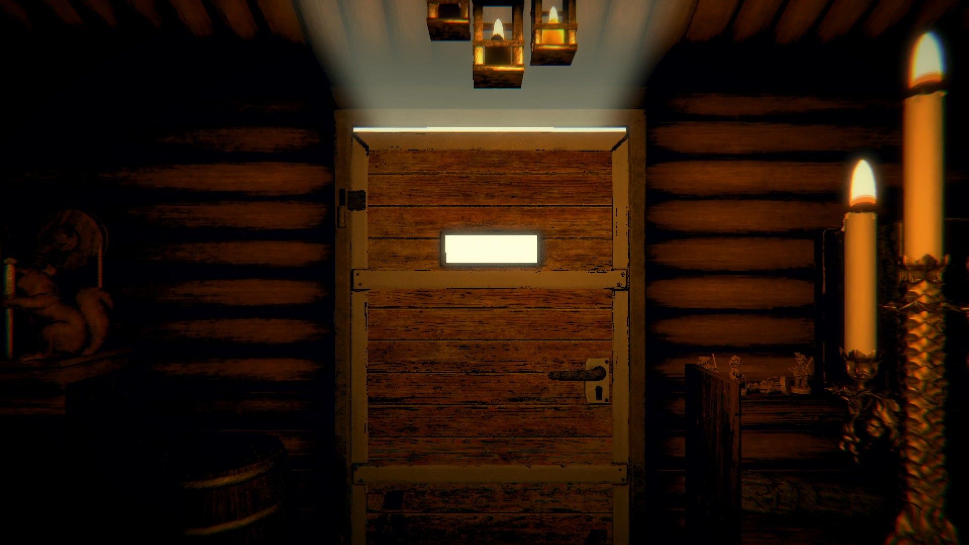 A closed wooden cabinet stands in the dark cabin.
