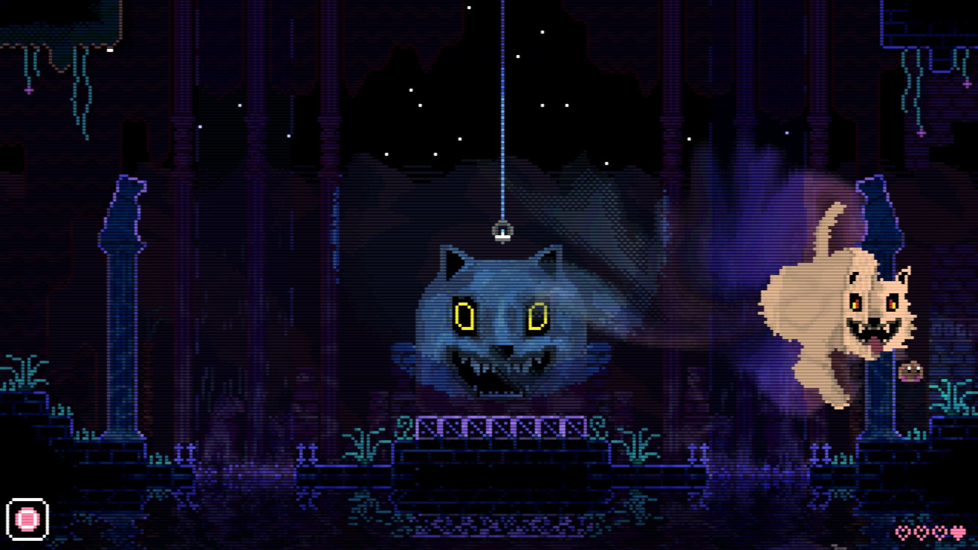 The small player character appears near a large bright creature and a cat-like face in a dark columned chamber.