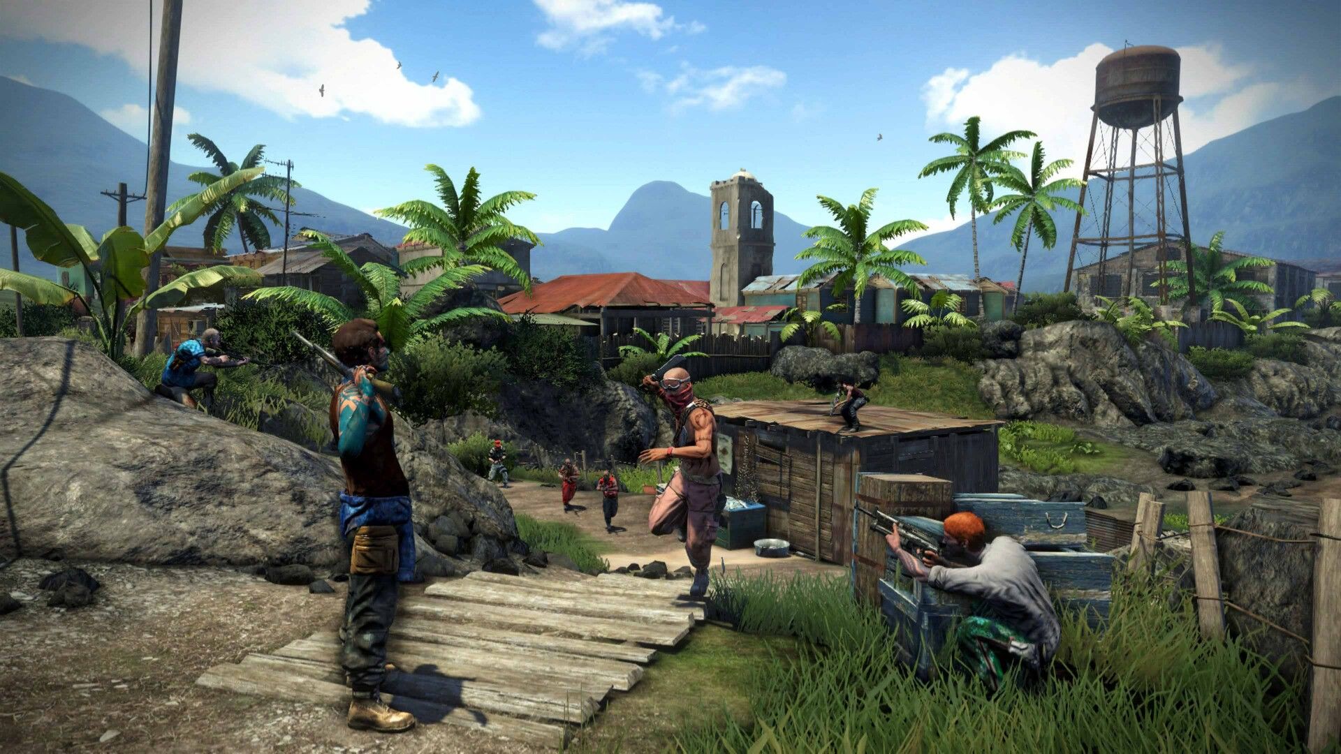 Armed people fight around buildings and a water tower in a tropical settlement.