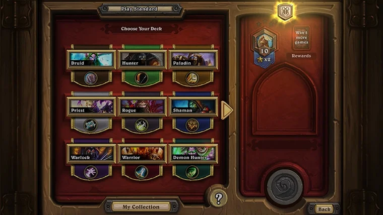 Official 2026 Hearthstone Play Standard screen: Choose Your Deck is at the top, a grid of deck portraits fills the center, My Collection is at bottom and the right panel shows wins and rewards.