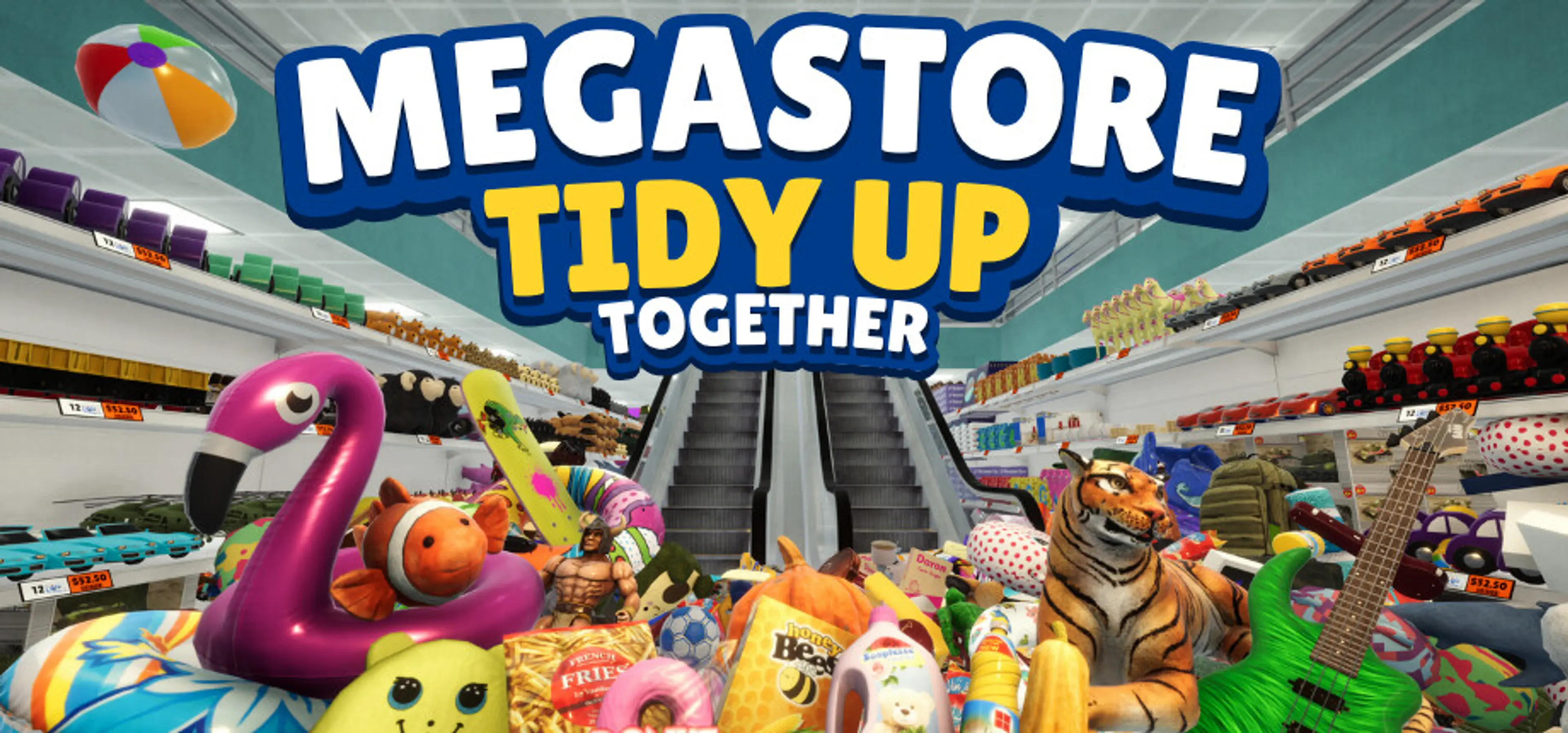 Official Megastore: Tidy Up Together cover art with the game logo above a crowded toy-store aisle.