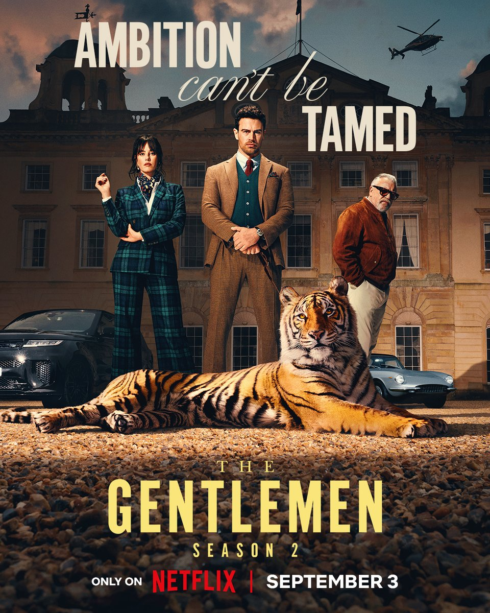 Official The Gentlemen Season 2 Netflix portrait poster showing Eddie, Susie and Bobby above a tiger and the September 3 release line.