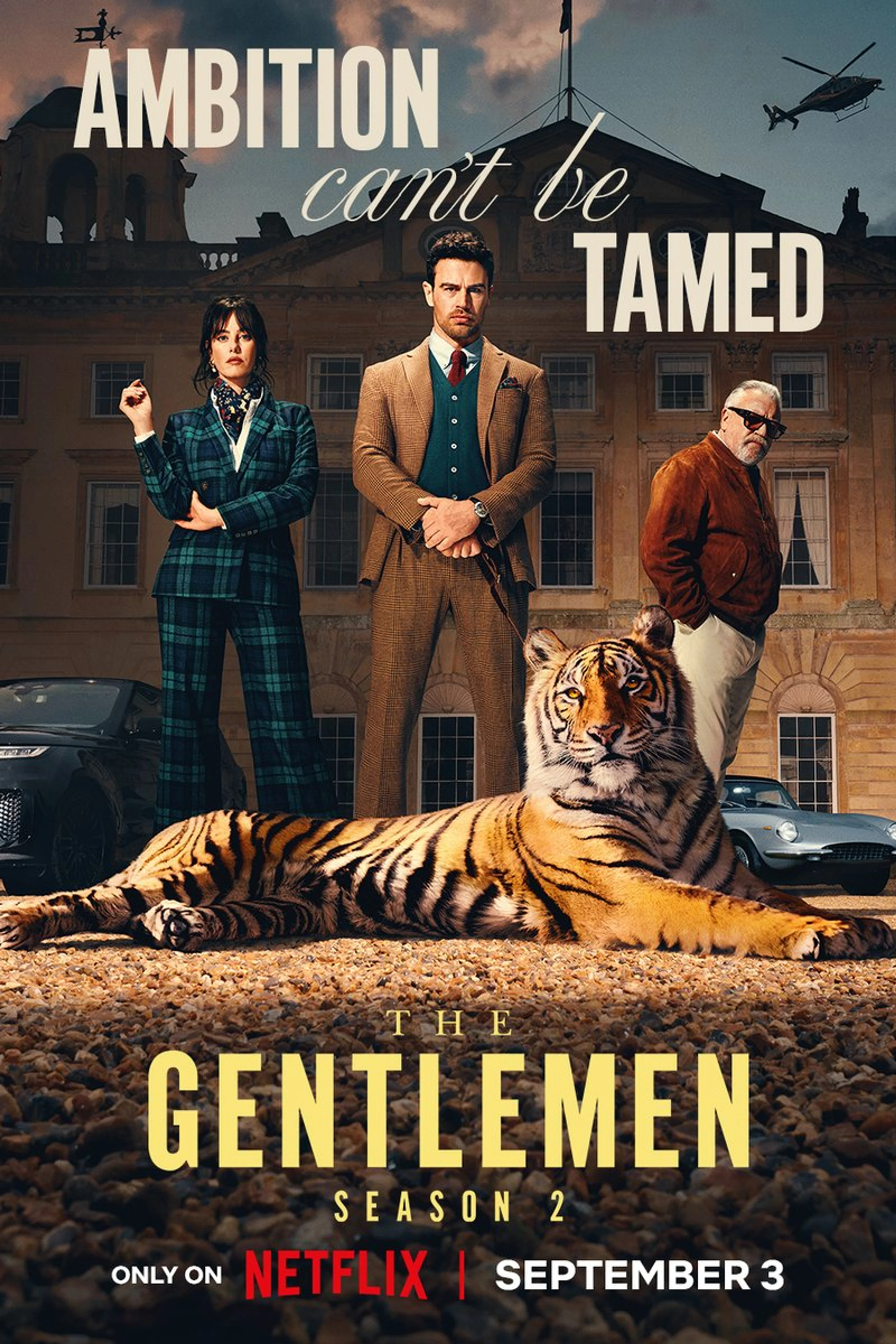 Official The Gentlemen Season 2 Netflix portrait poster showing Eddie, Susie and Bobby above a tiger and the September 3 release line.
