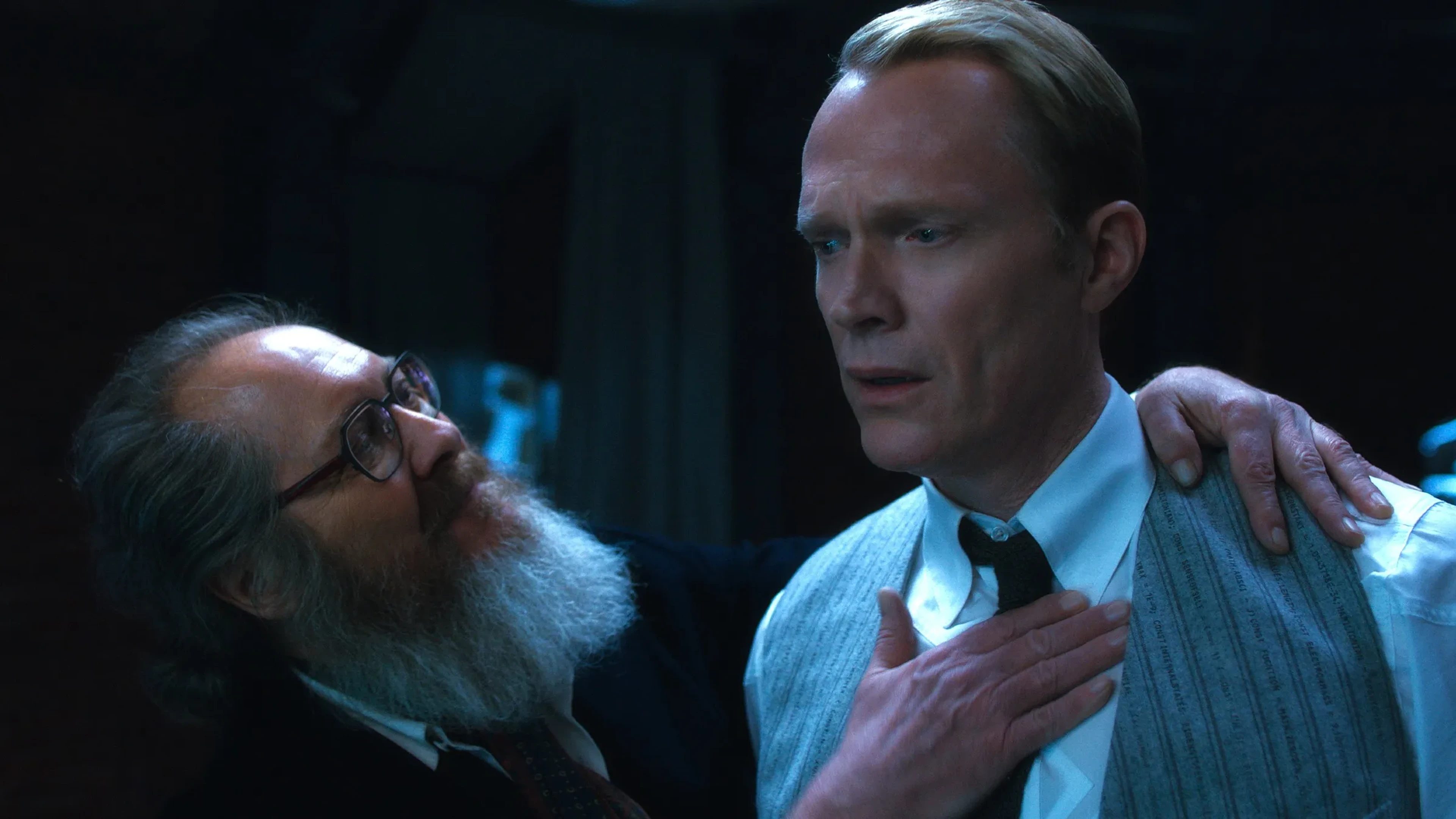 James Spader and Paul Bettany in a scene from VisionQuest, with Spader holding Bettany by the shoulders.