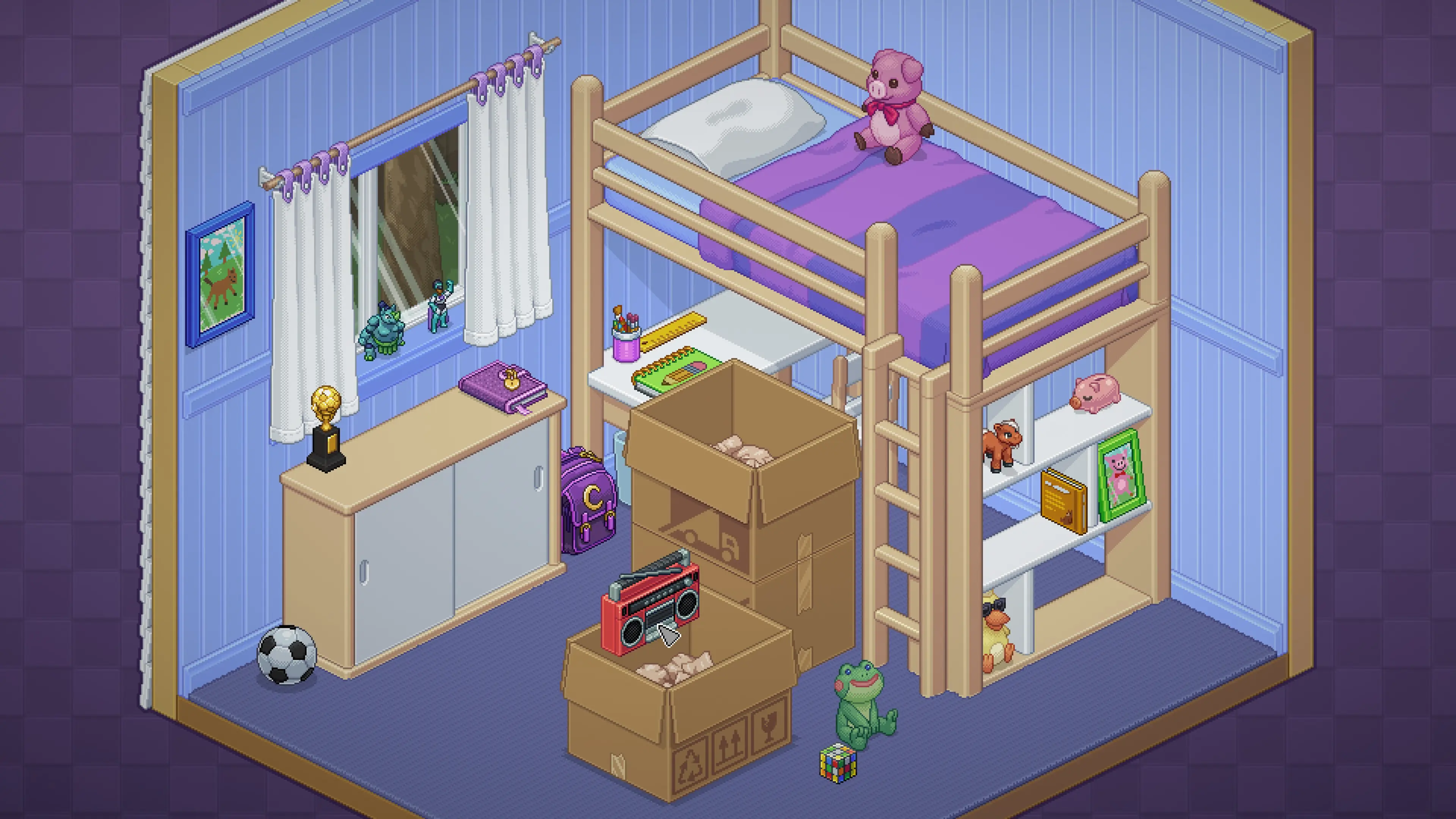 A child’s bedroom with a raised bed and unpacked boxes.