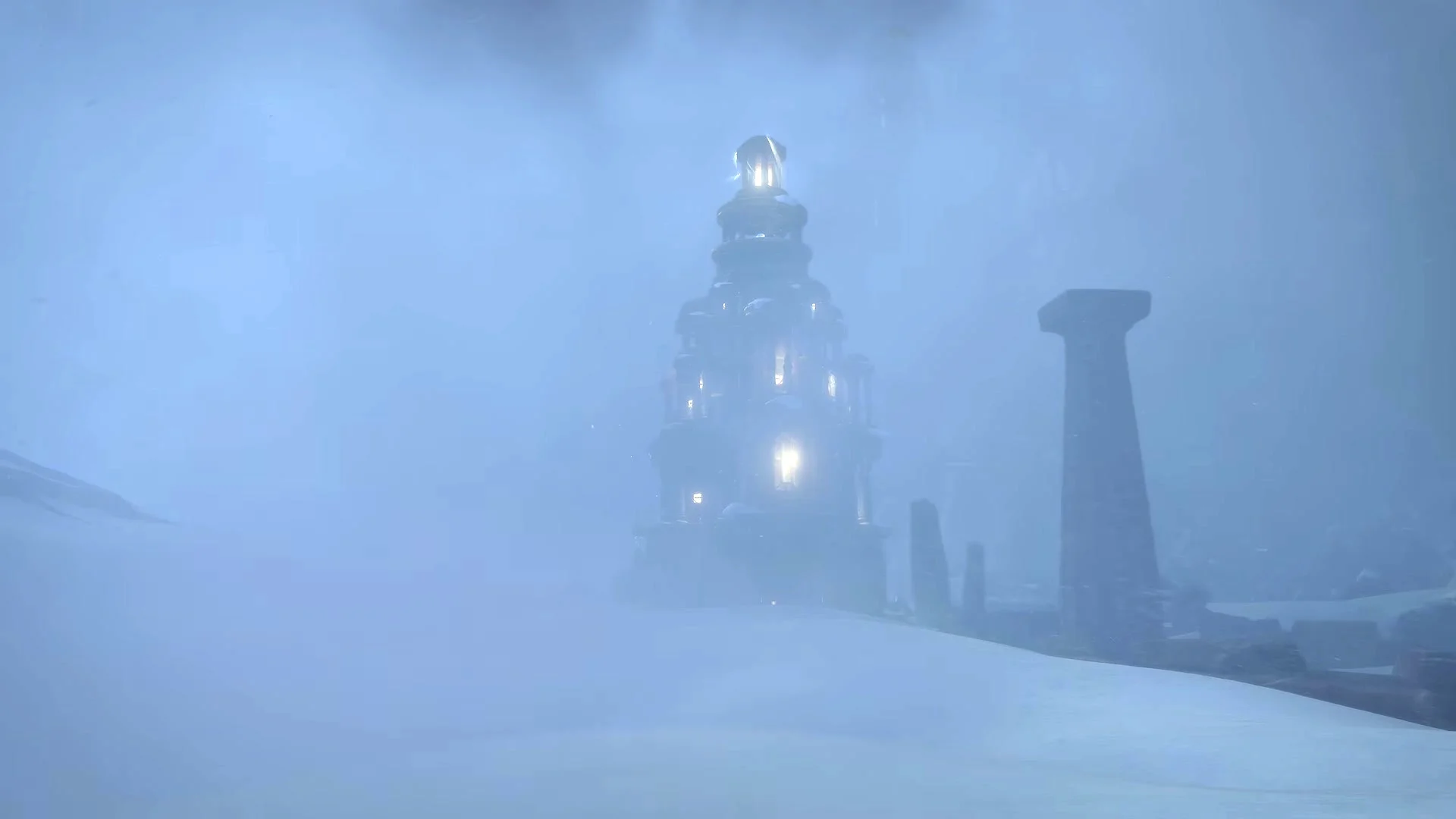 Snow-covered Titan-style ruins appear in Northrend during The Last Titan teaser.