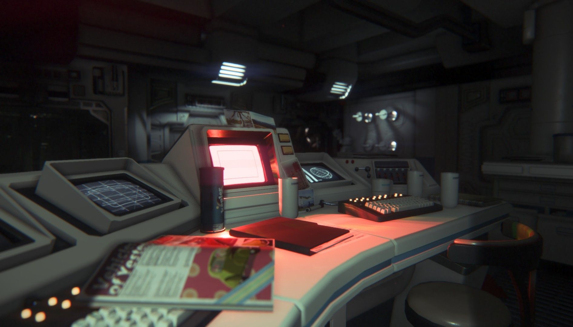 A glowing red computer terminal sits among control panels on Sevastopol.
