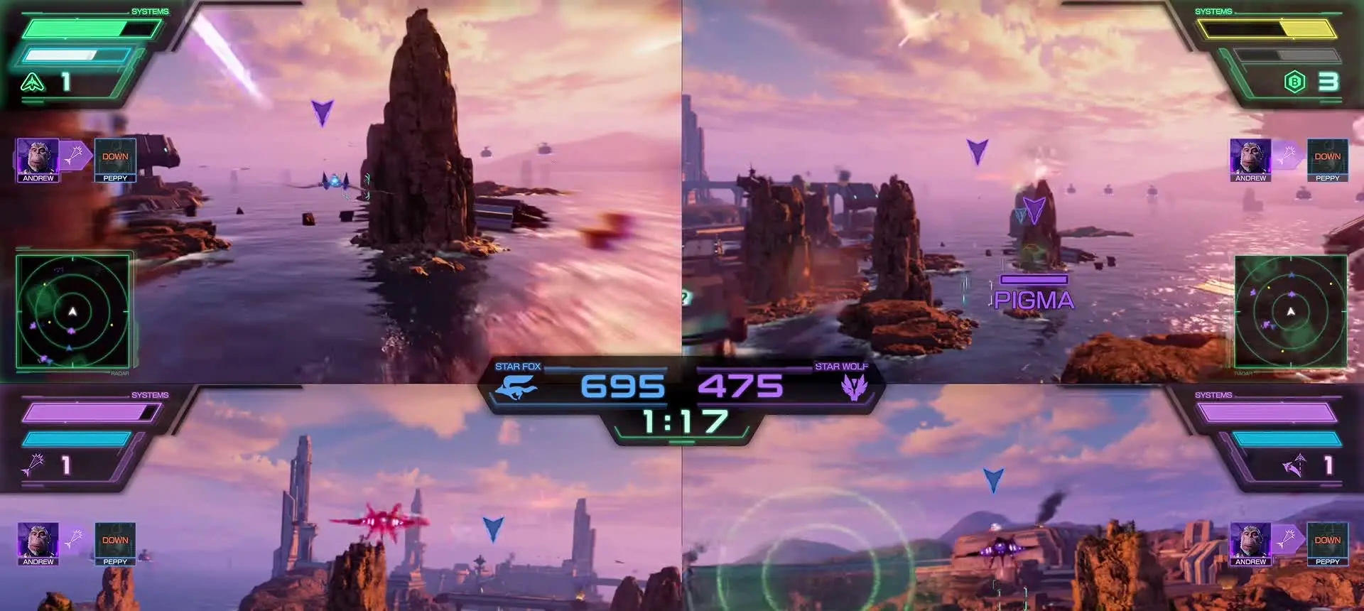 Four Star Fox Battle Mode players fly together in split screen.
