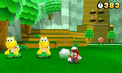 Mario runs on grass near two yellow Koopa Troopas, with the time counter visible.